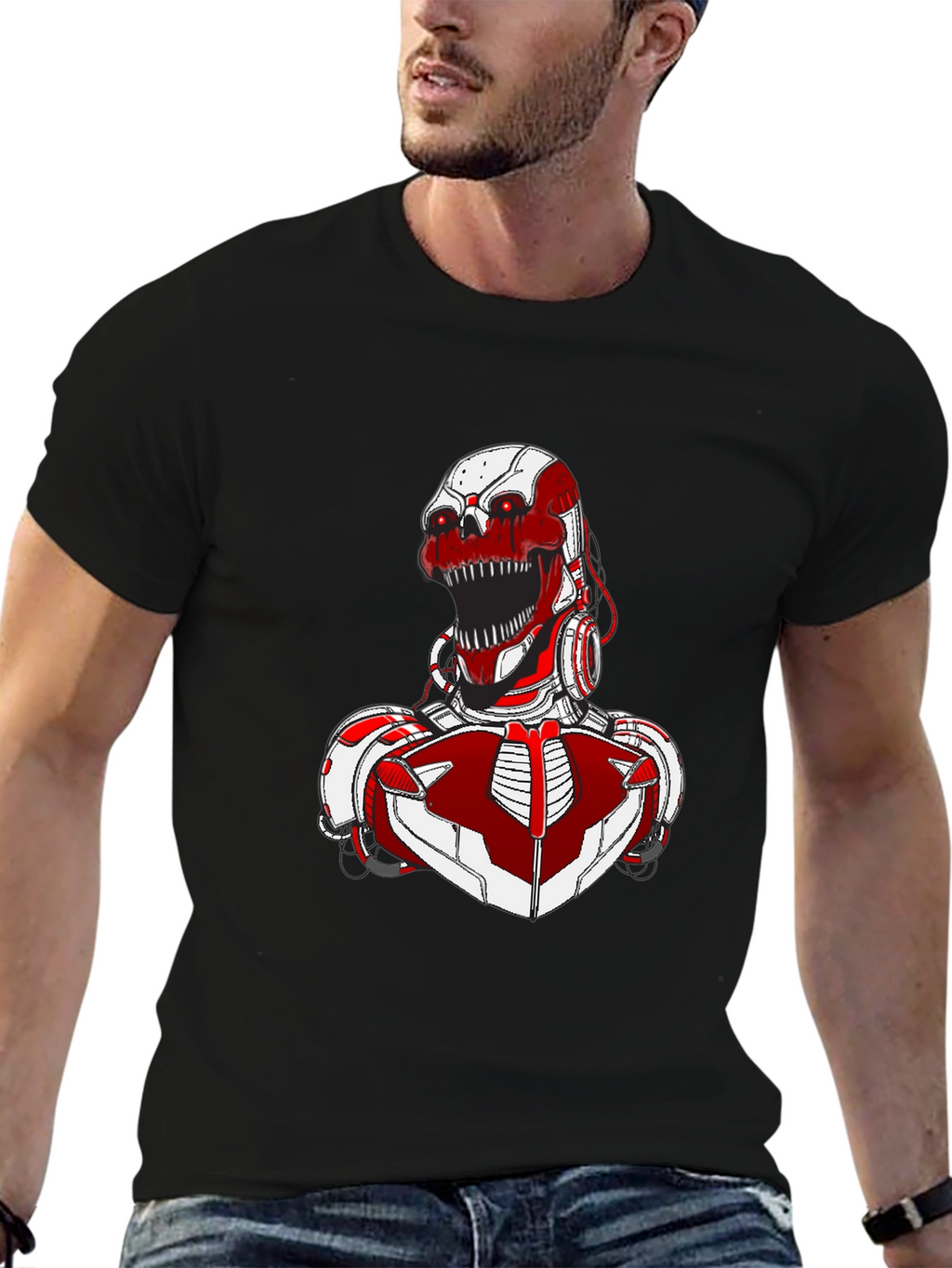 Red Robot Skull Graphic T-Shirt