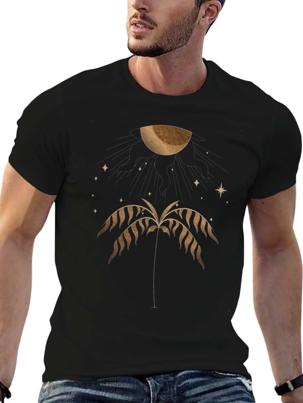 Mens Black Graphic Tee - Palm & Moon Design