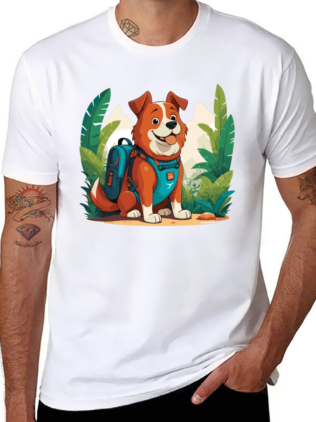 Dog Hiker Cartoon Graphic T-Shirt