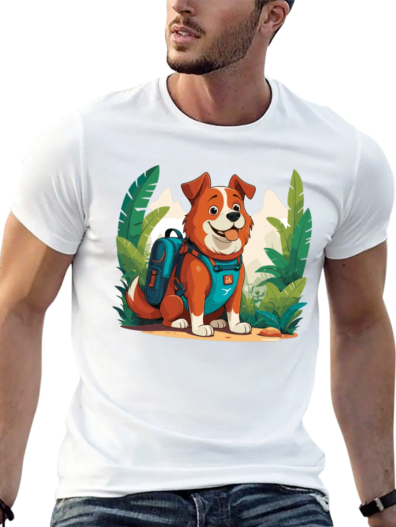 Dog Hiker Cartoon Graphic T-Shirt