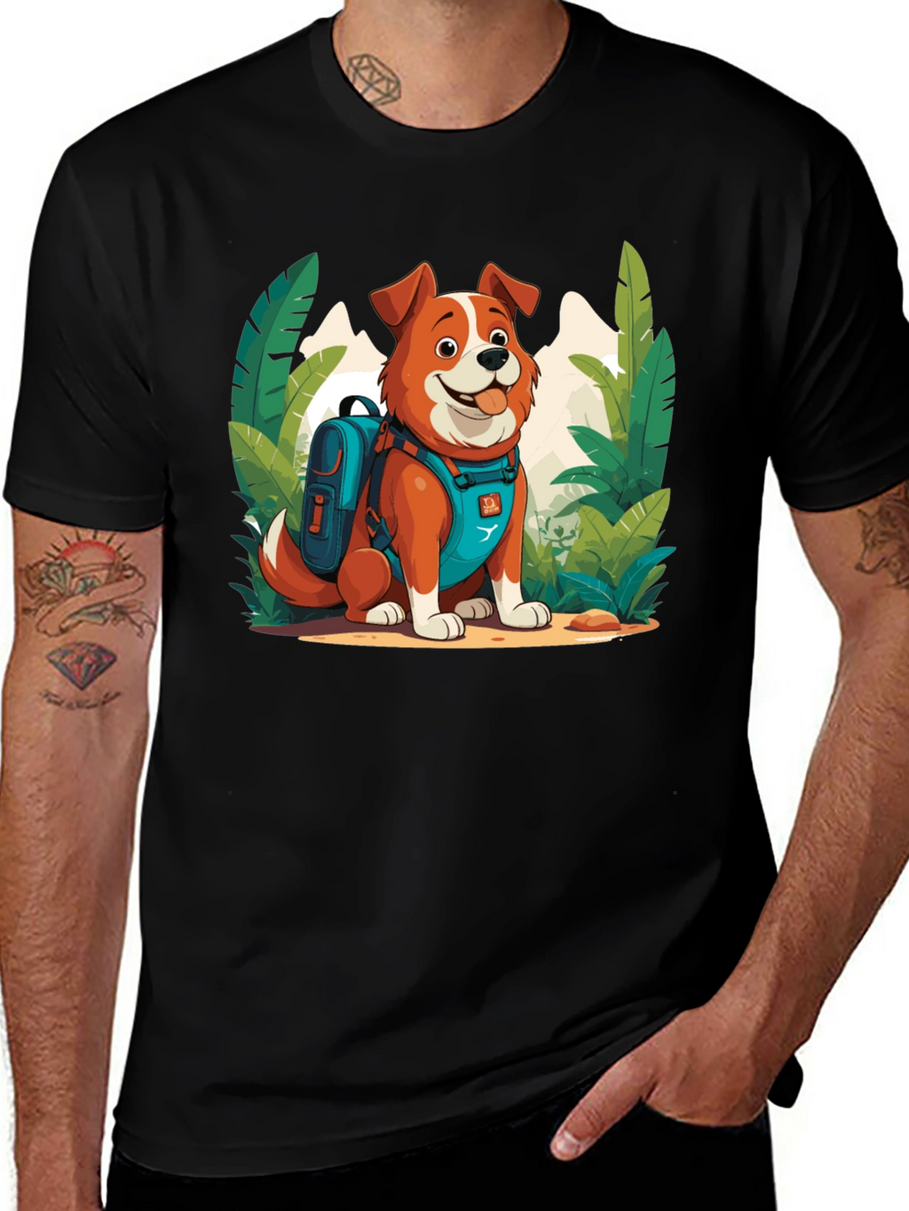 Dog Hiker Cartoon Graphic T-Shirt