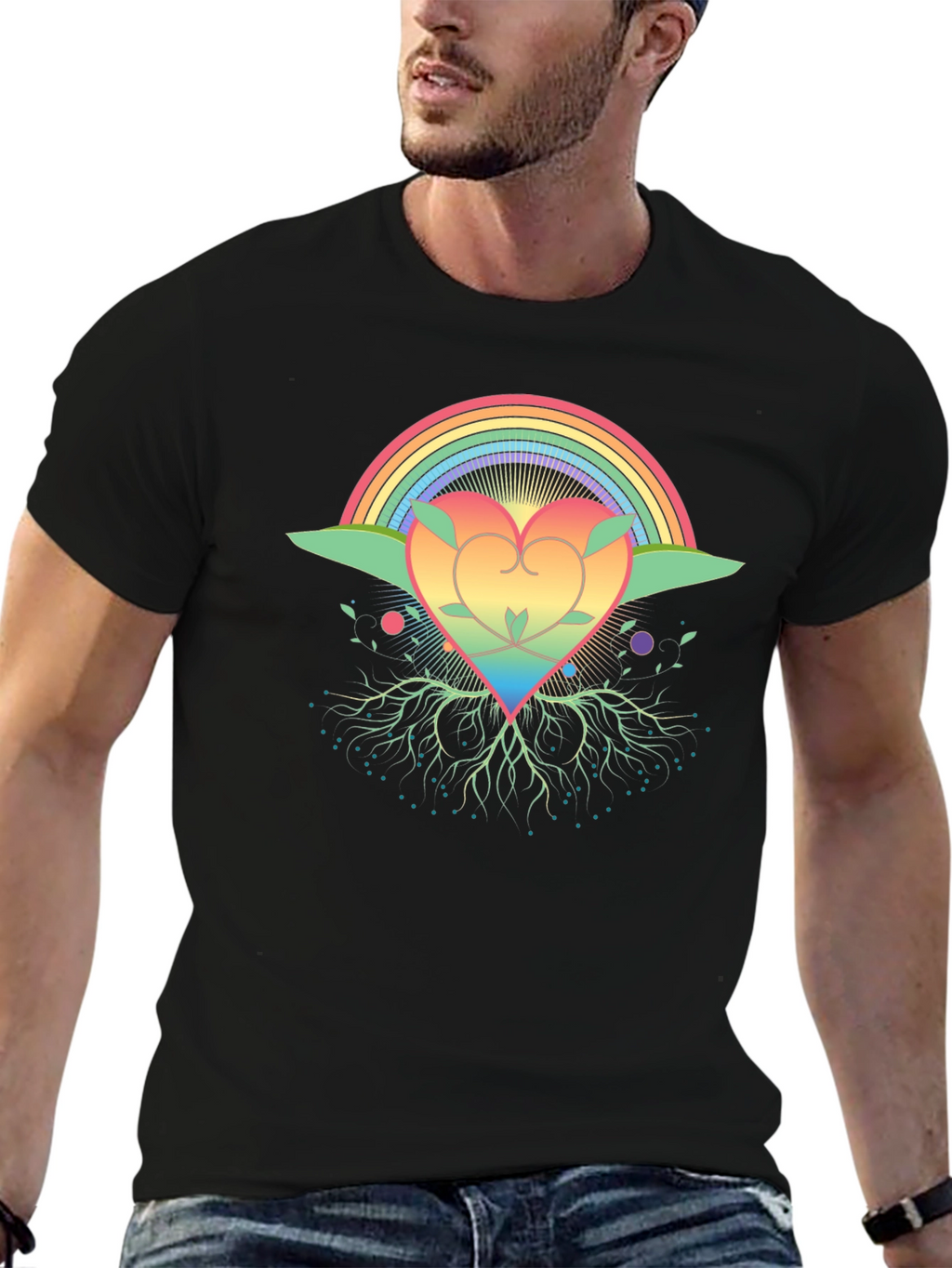 Rainbow Heart Tree Black T-Shirt