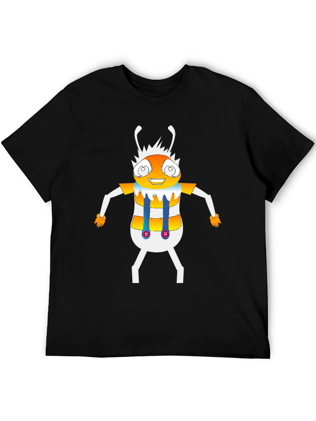 Cartoon Insect Graphic Tee - Black Crew Neck T-Shirt