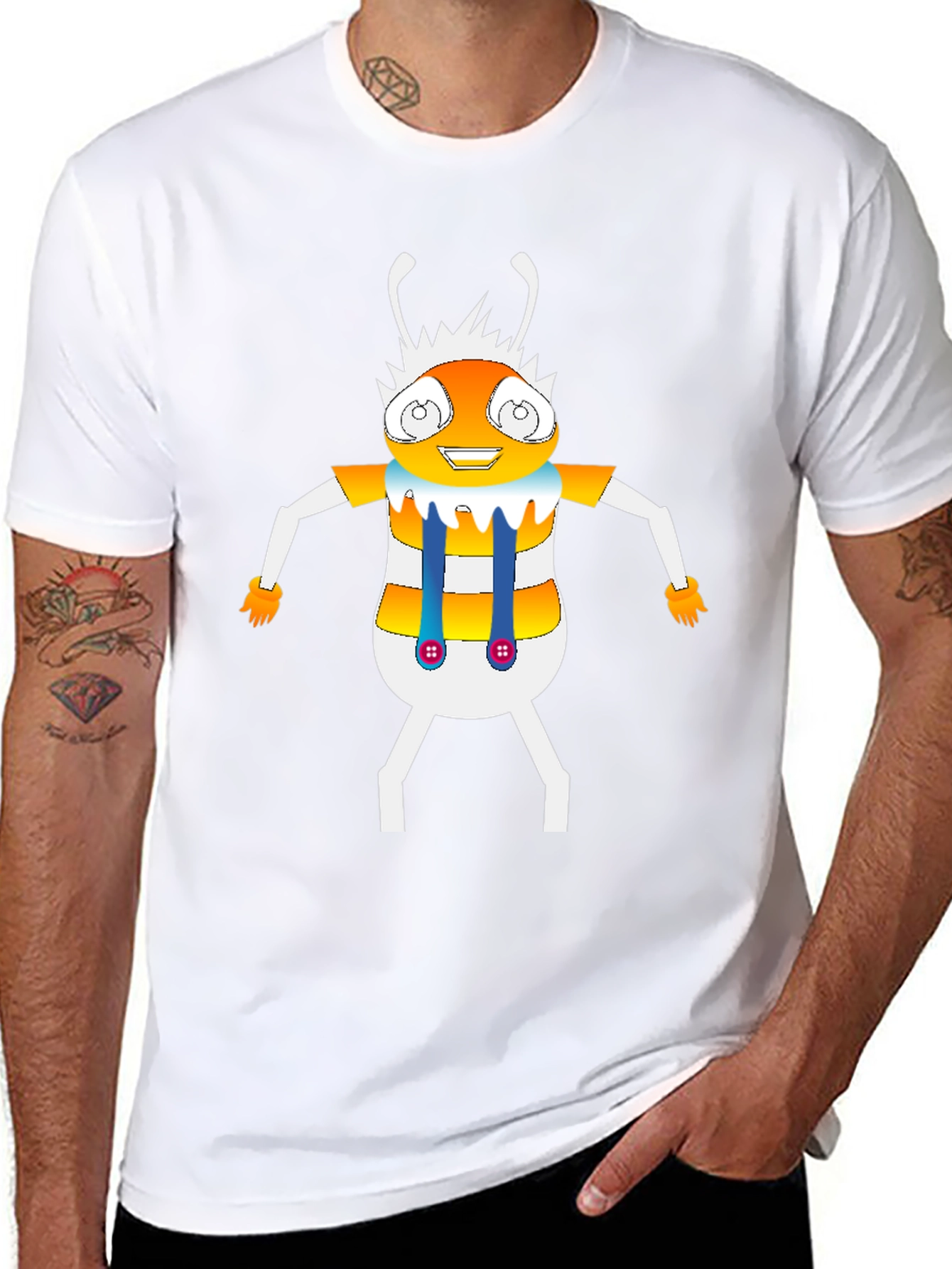 Cartoon Insect Graphic Tee - Black Crew Neck T-Shirt