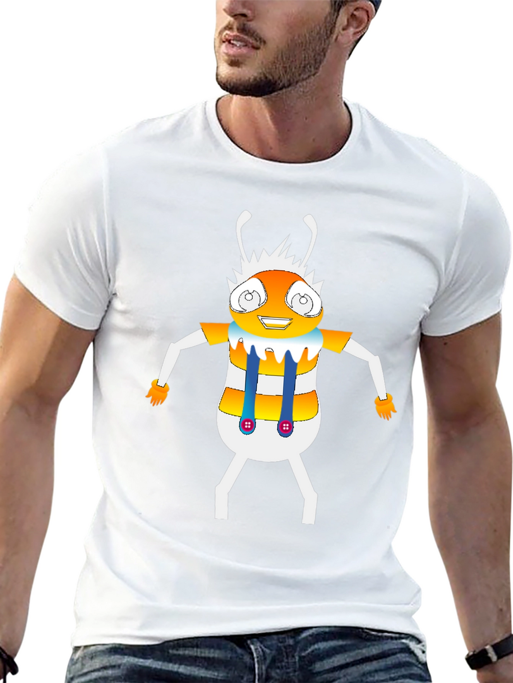 Cartoon Insect Graphic Tee - Black Crew Neck T-Shirt