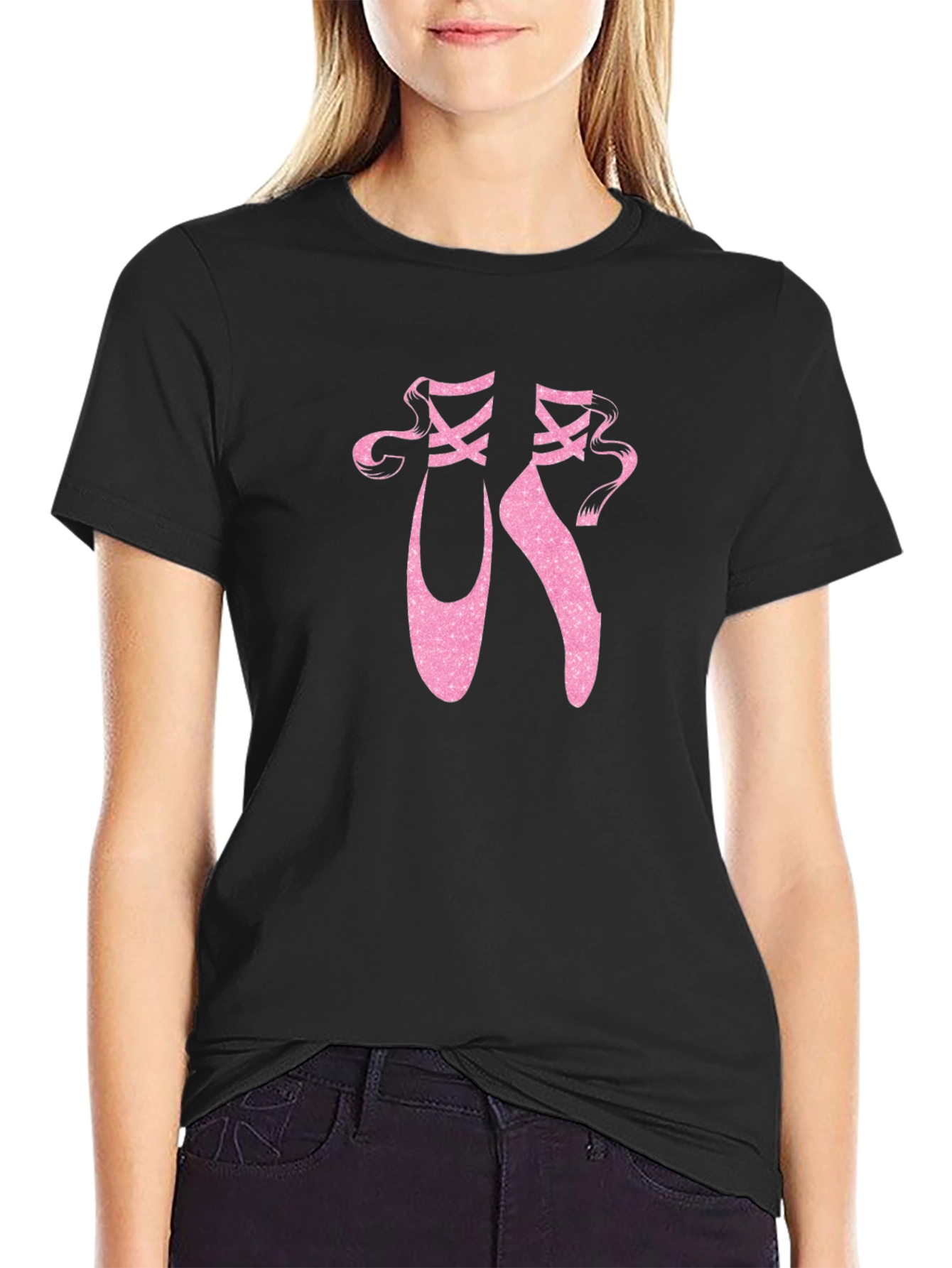 Ballet Shoes Graphic T-Shirt - Pink Pointe Shoes on Black Tee