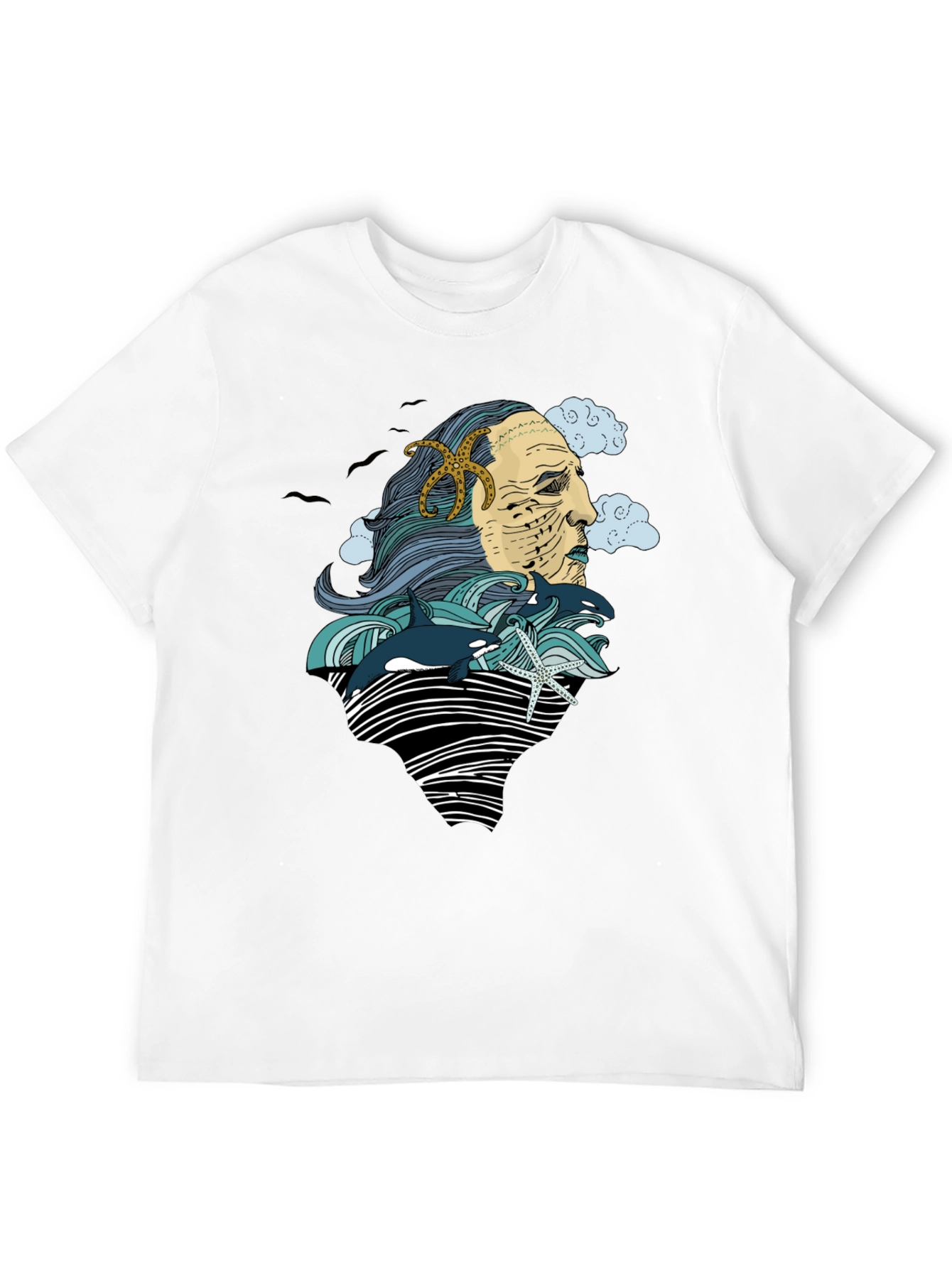 Ocean Deity Graphic Tee - Black Cotton T-Shirt