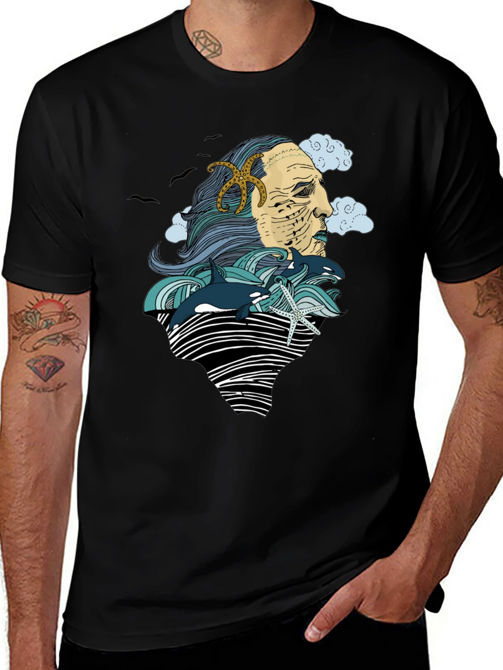 Ocean Deity Graphic Tee - Black Cotton T-Shirt