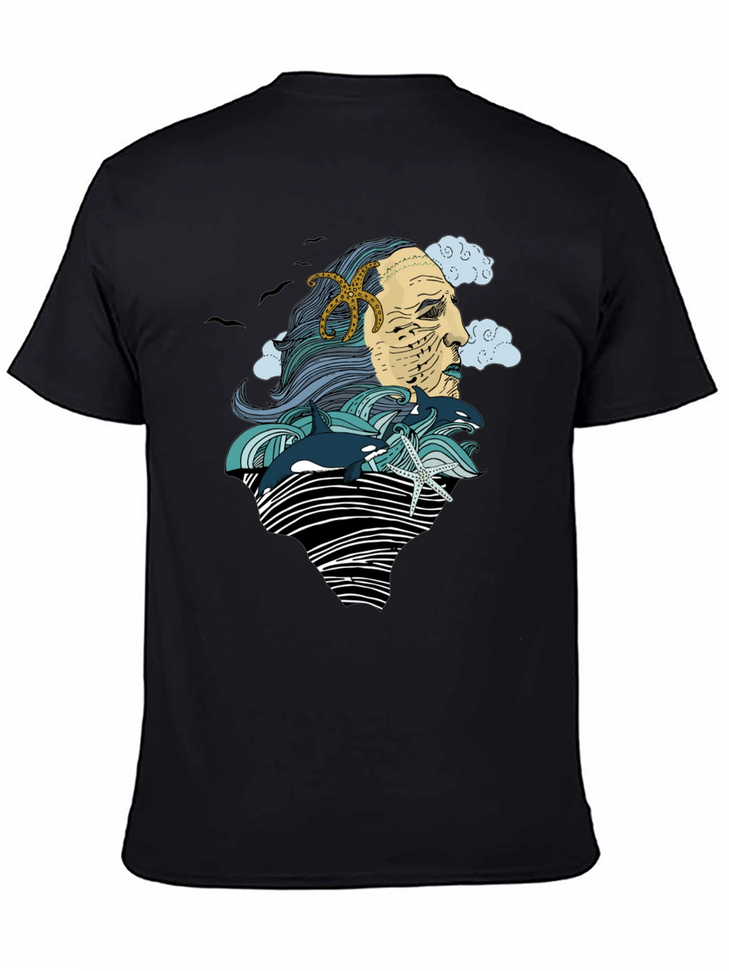 Ocean Deity Graphic Tee - Black Cotton T-Shirt
