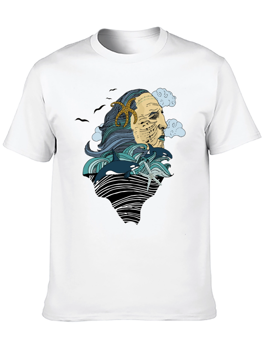 Ocean Deity Graphic Tee - Black Cotton T-Shirt