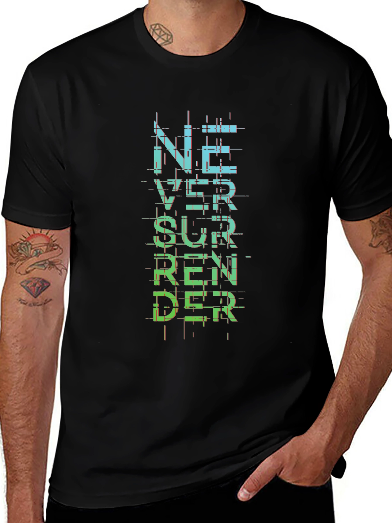 Never Surrender Graphic Print Black T-Shirt