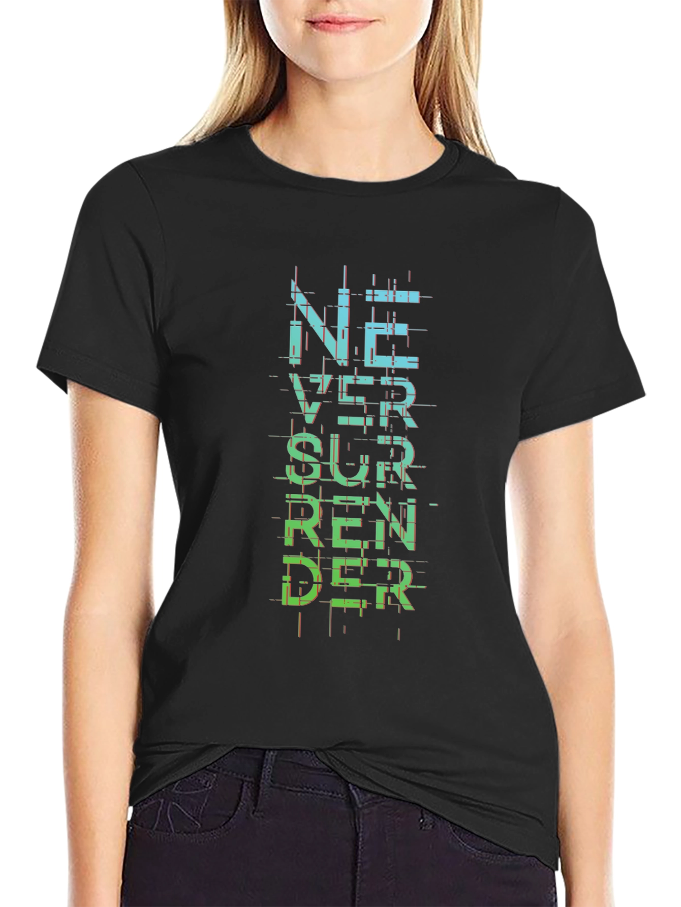 Never Surrender Graphic Print Black T-Shirt
