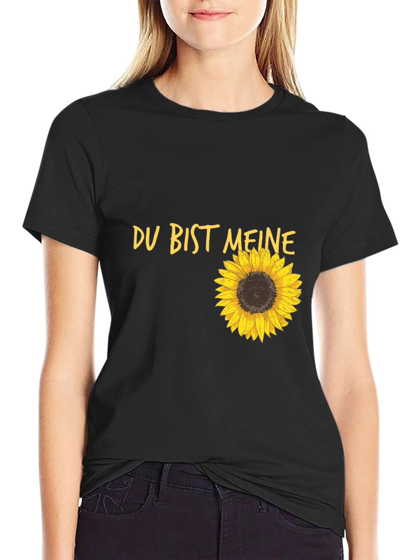 Du Bist Meine Sunflower Graphic Tee - Black Cotton T-Shirt