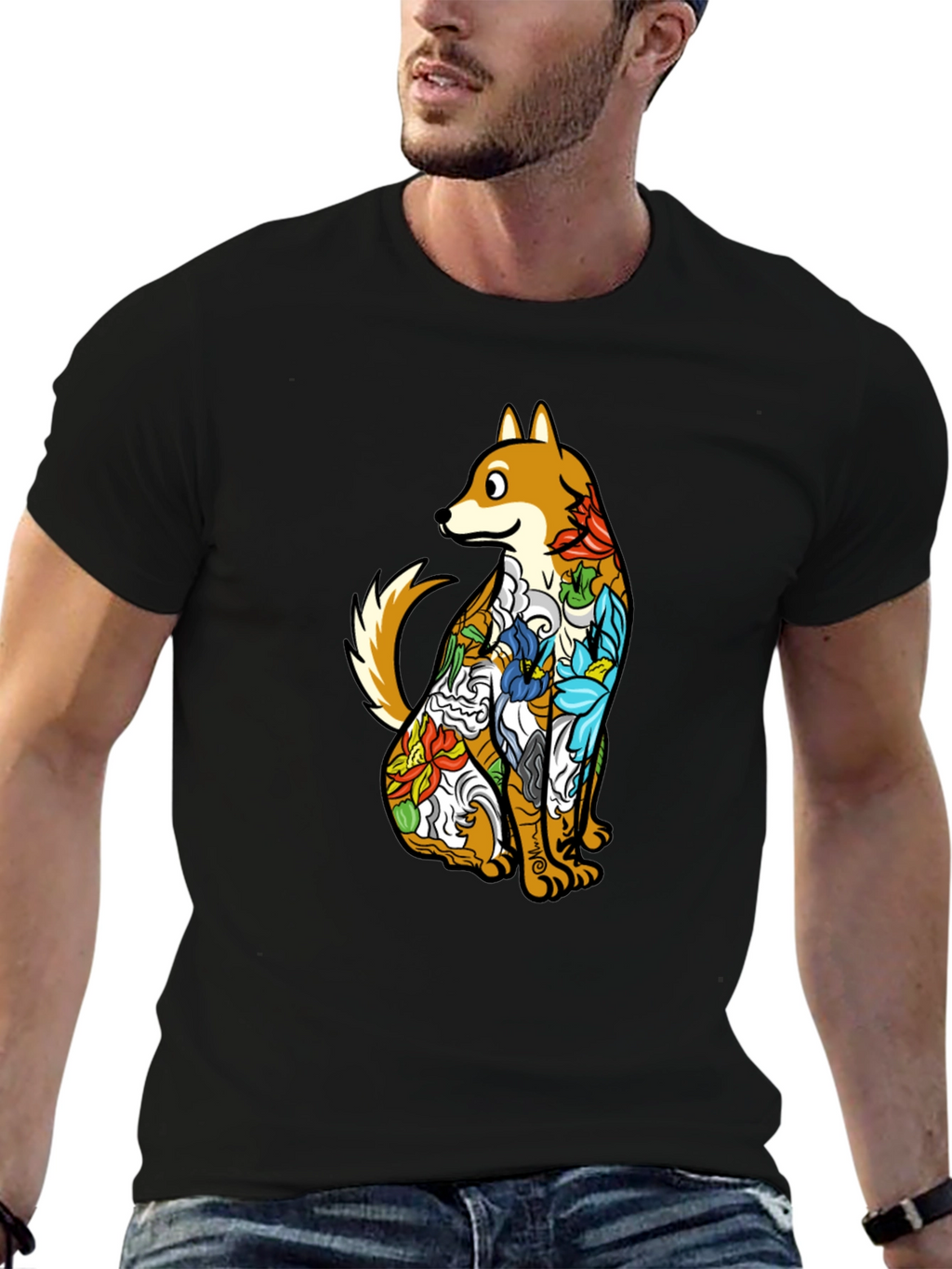 Dog with Floral Tattoo Black Graphic T-Shirt