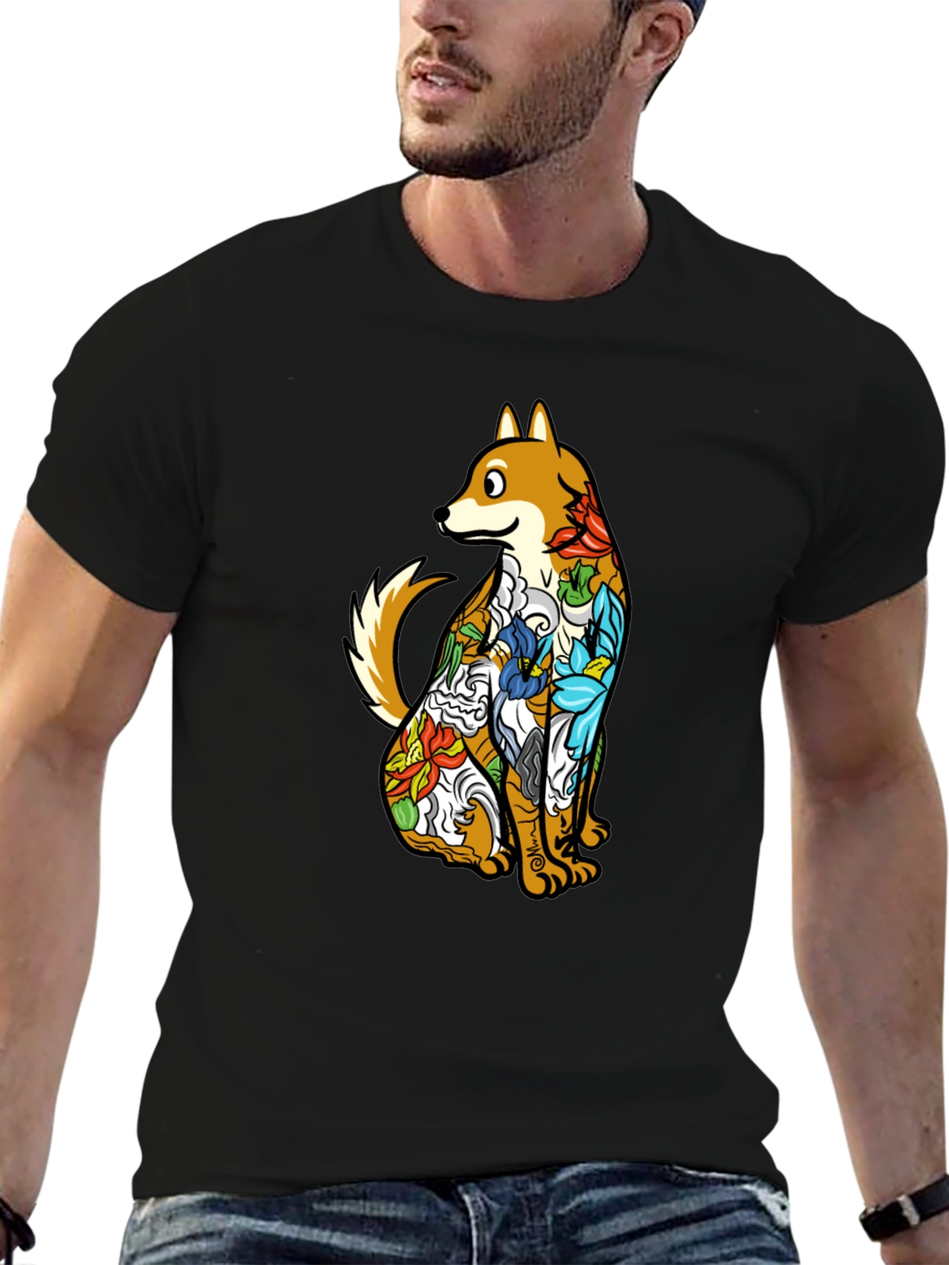 Dog with Floral Tattoo Black Graphic T-Shirt