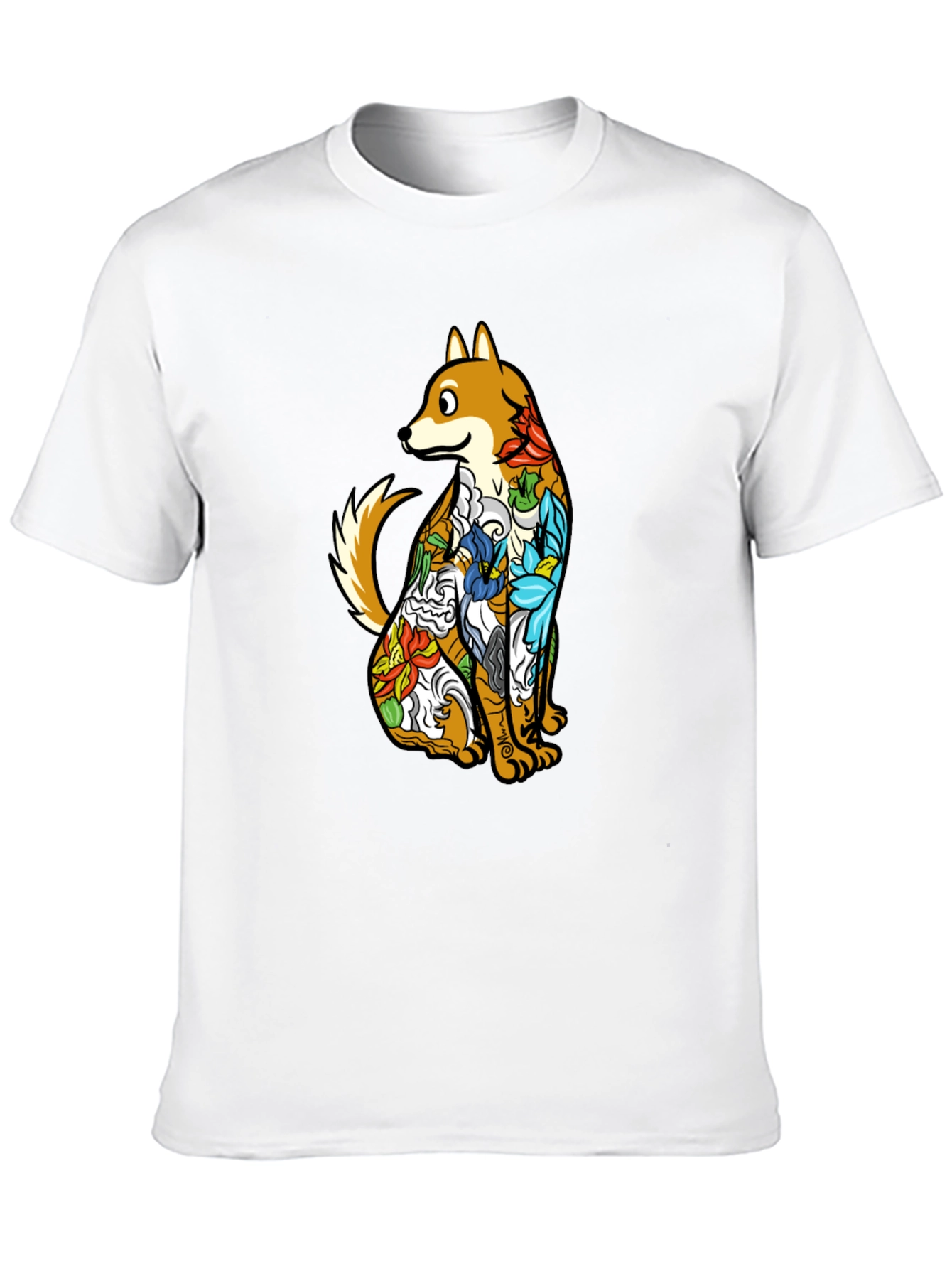 Dog with Floral Tattoo Black Graphic T-Shirt