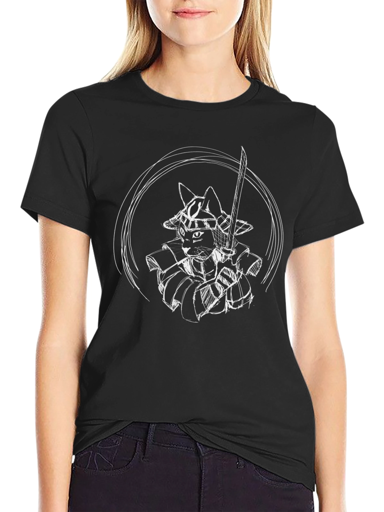 Samurai Cat T-Shirt - Black Cotton Graphic Tee