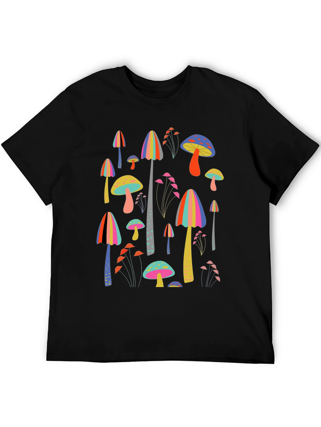 Funky Mushroom Print Black T-Shirt