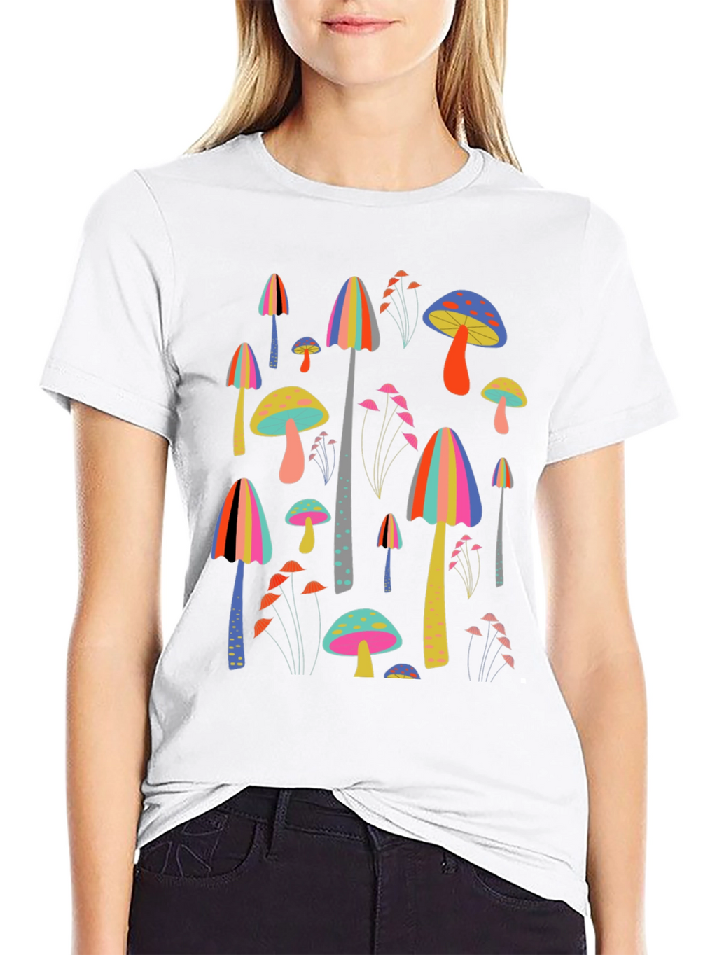 Funky Mushroom Print Black T-Shirt