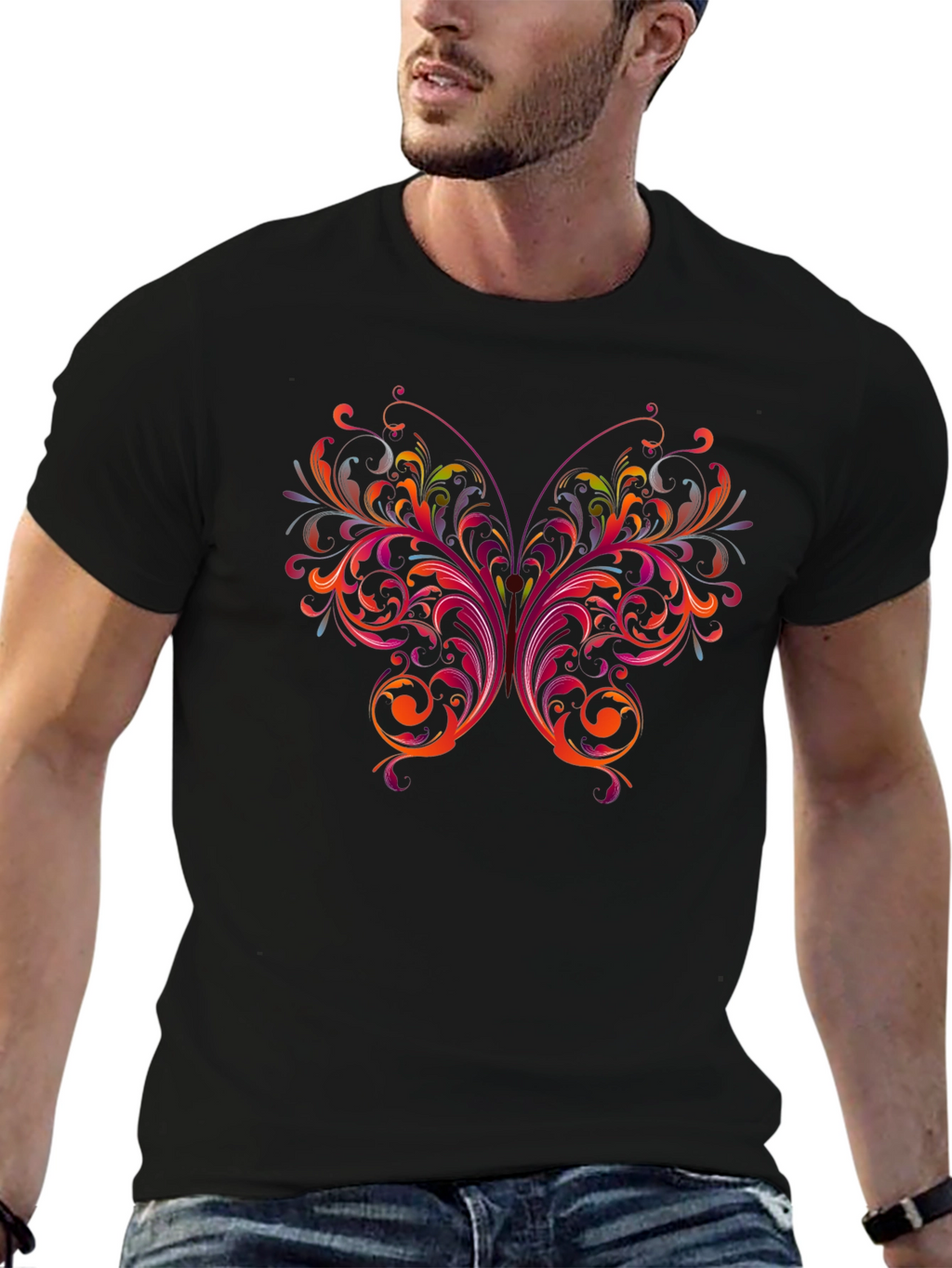 Floral Butterfly Graphic Black T-Shirt
