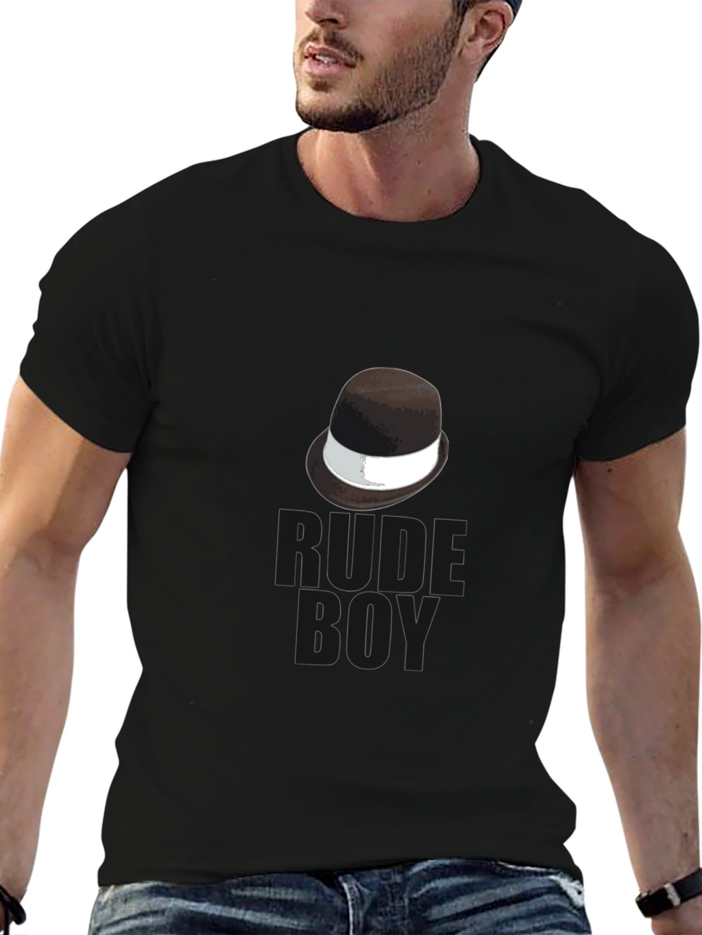 Rude Boy Black T-Shirt with Hat Graphic