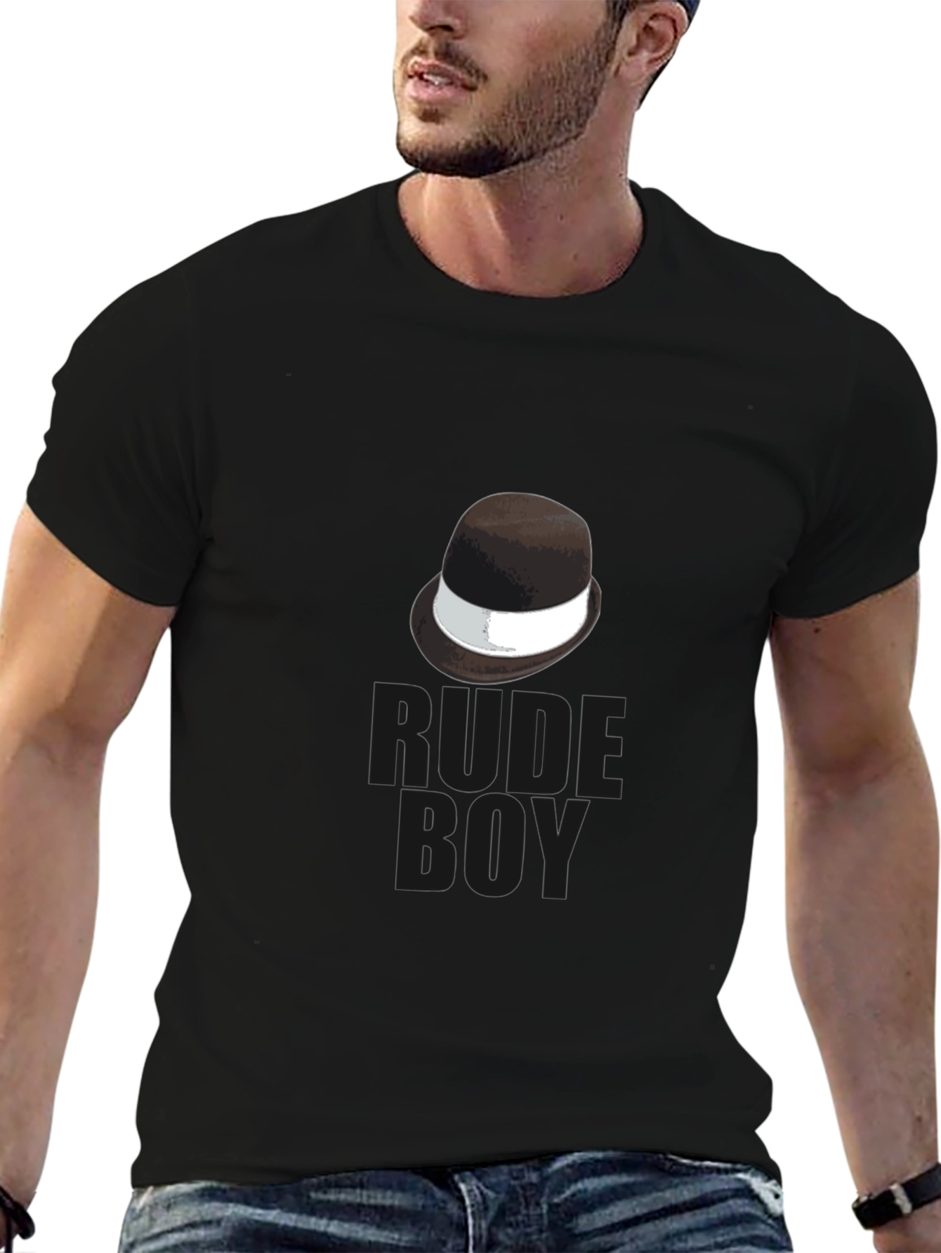 Rude Boy Black T-Shirt with Hat Graphic