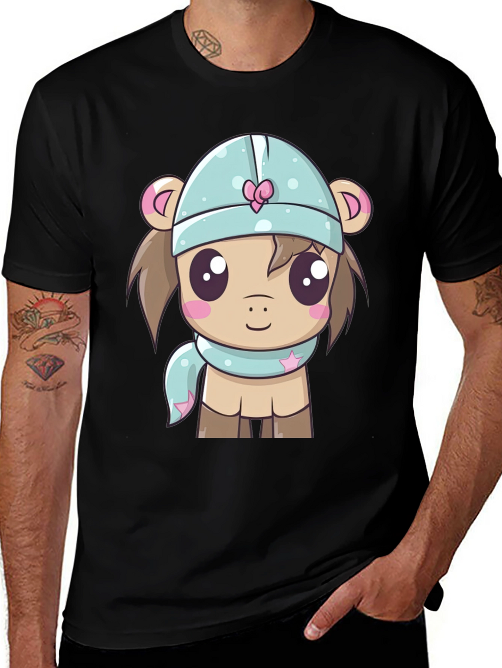 Cute Cartoon Animal Black T-Shirt