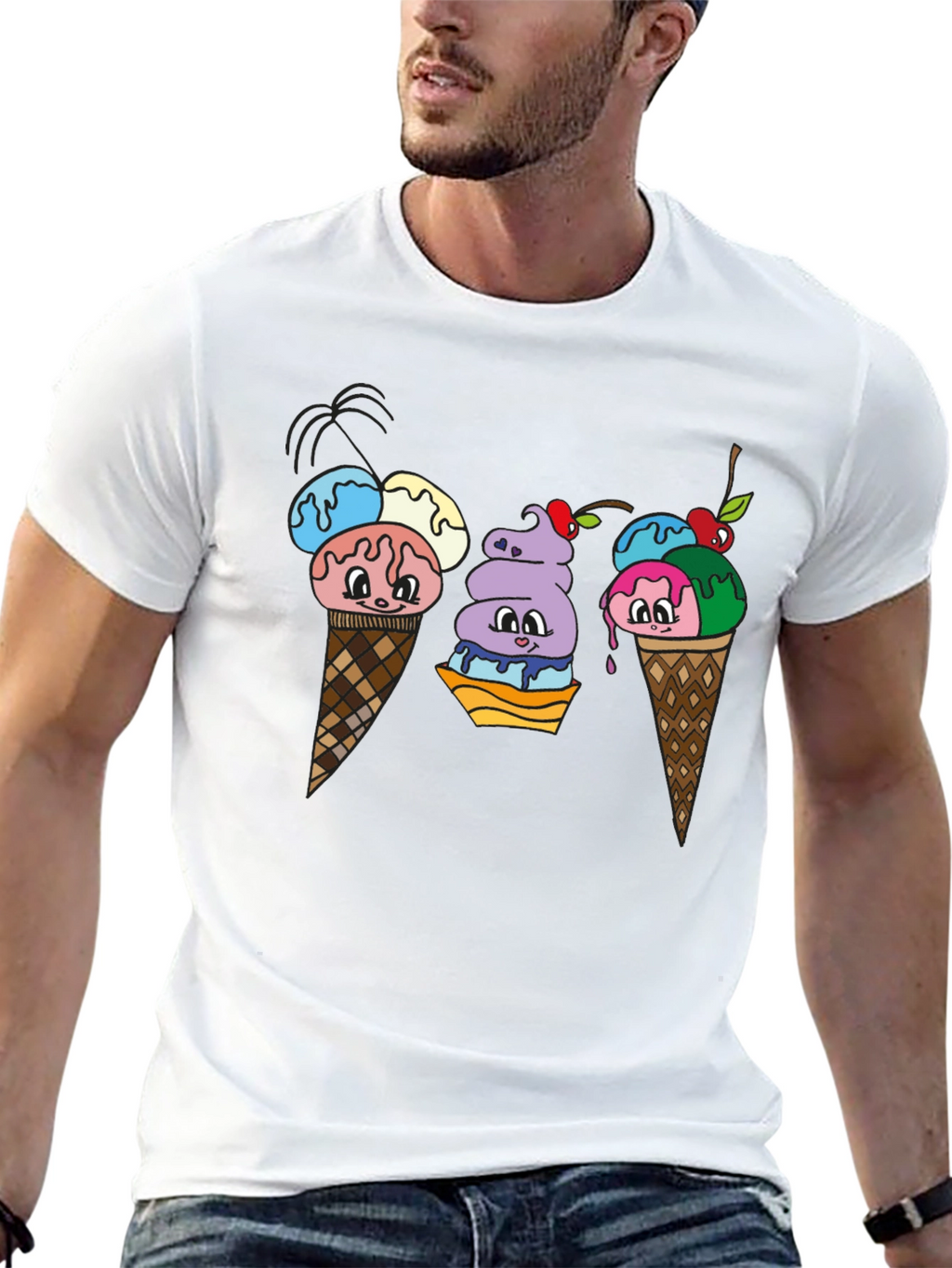 Cartoon Ice Cream Cone Black T-Shirt