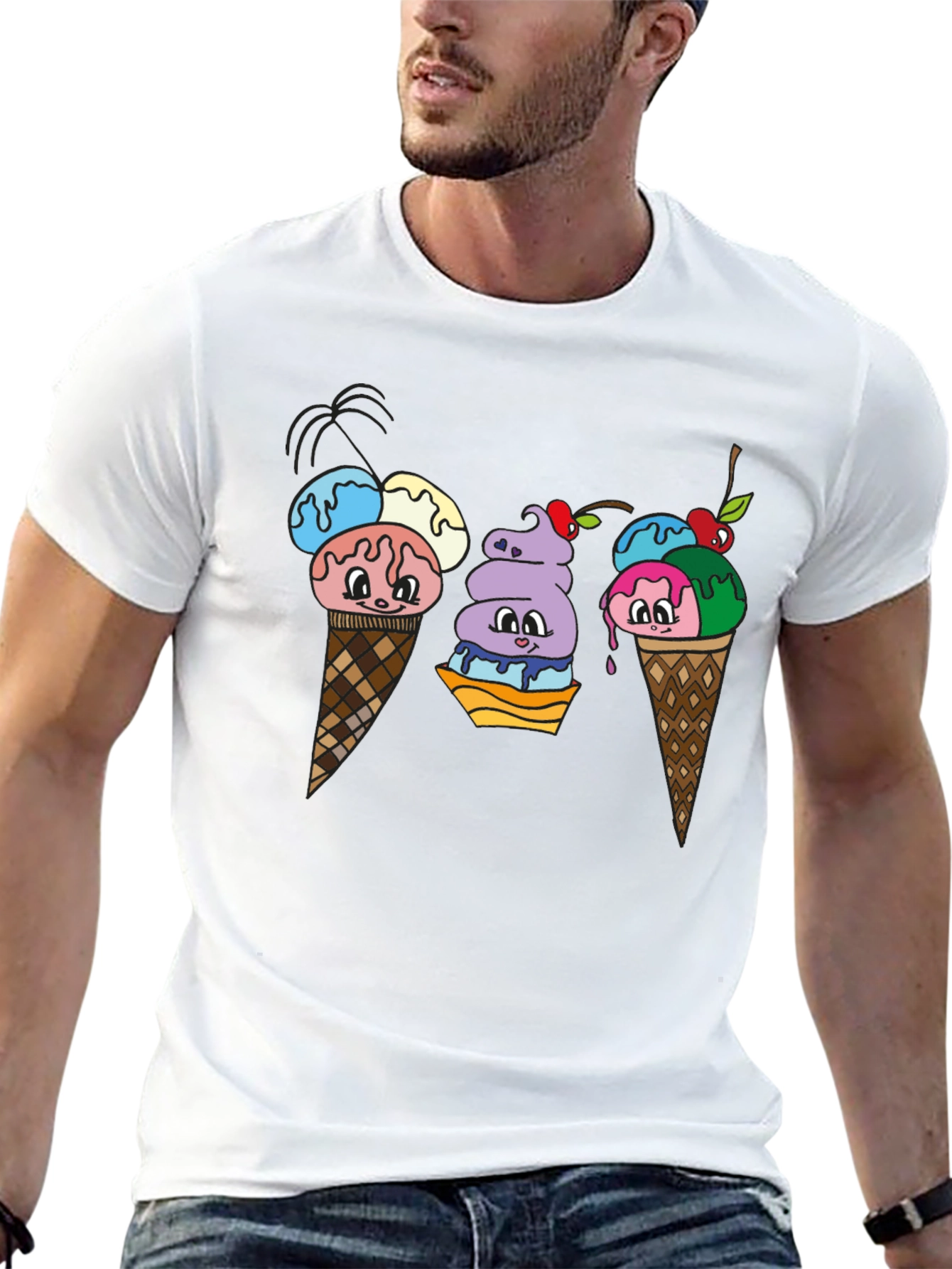 Cartoon Ice Cream Cone Black T-Shirt