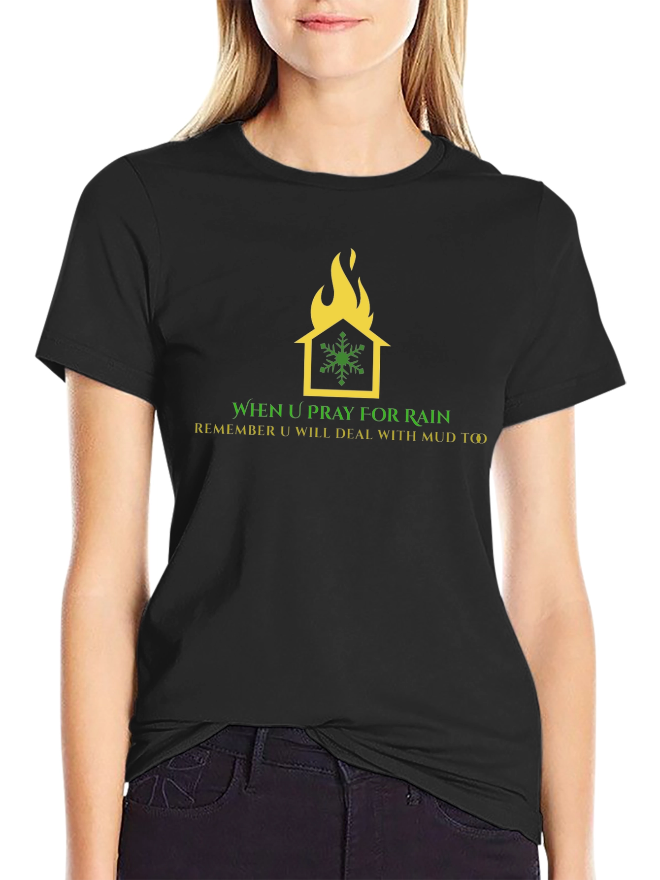 Humorous Weather T-Shirt: House on Fire Snowflake Design