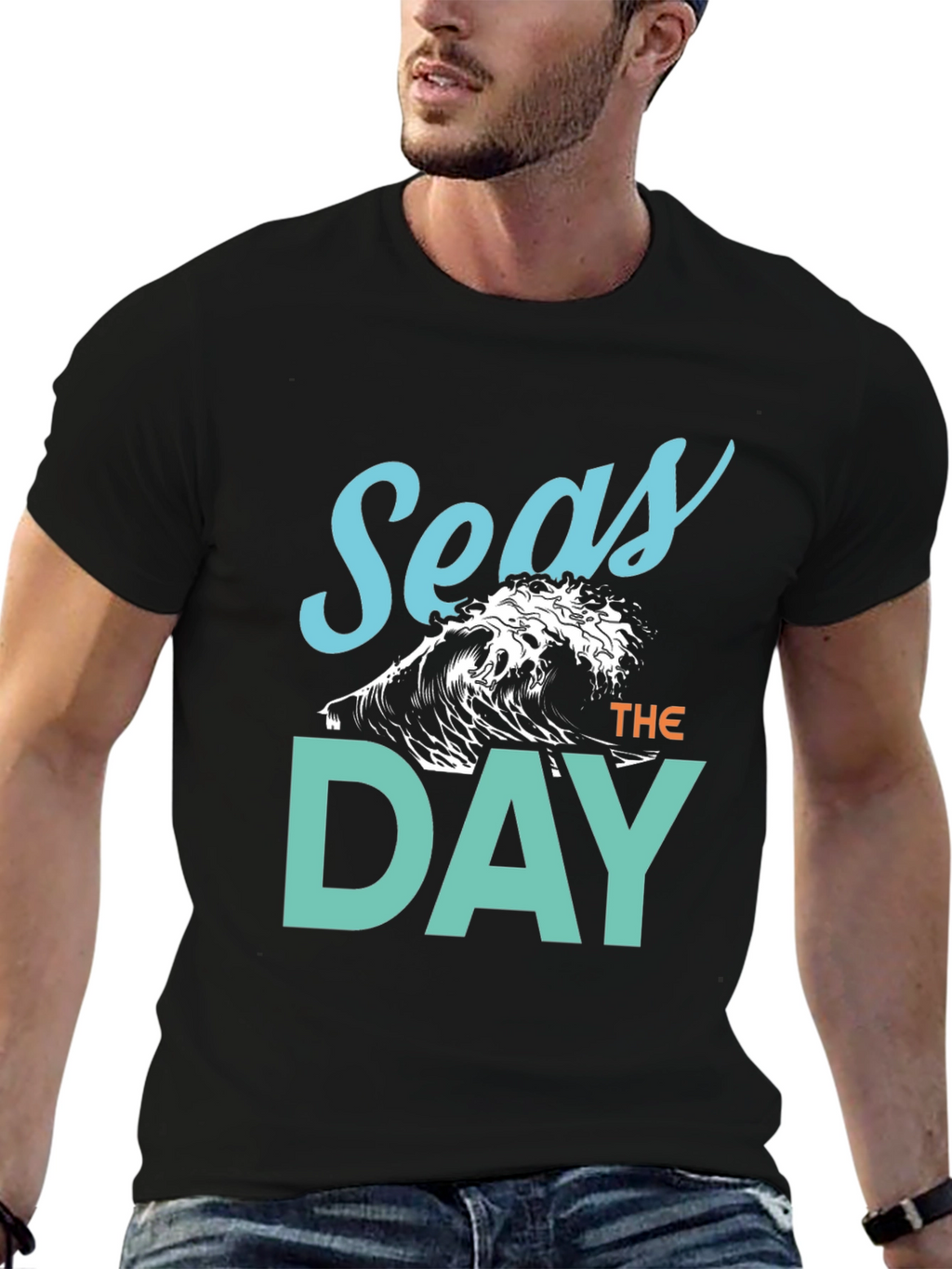 Seas The Day Graphic Tee - Black Cotton T-Shirt