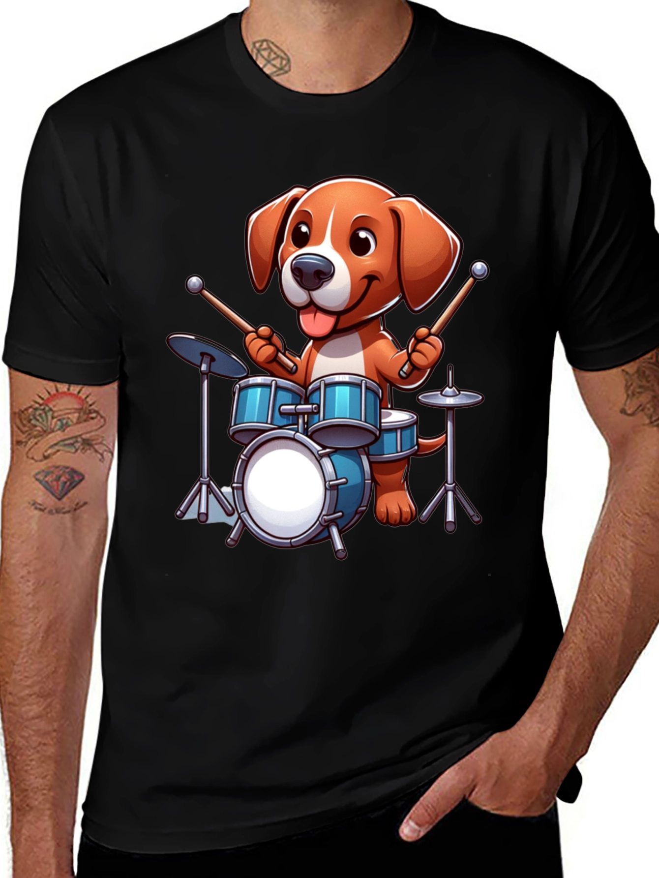 Dog Drummer Graphic Tee - Black Unisex Shirt