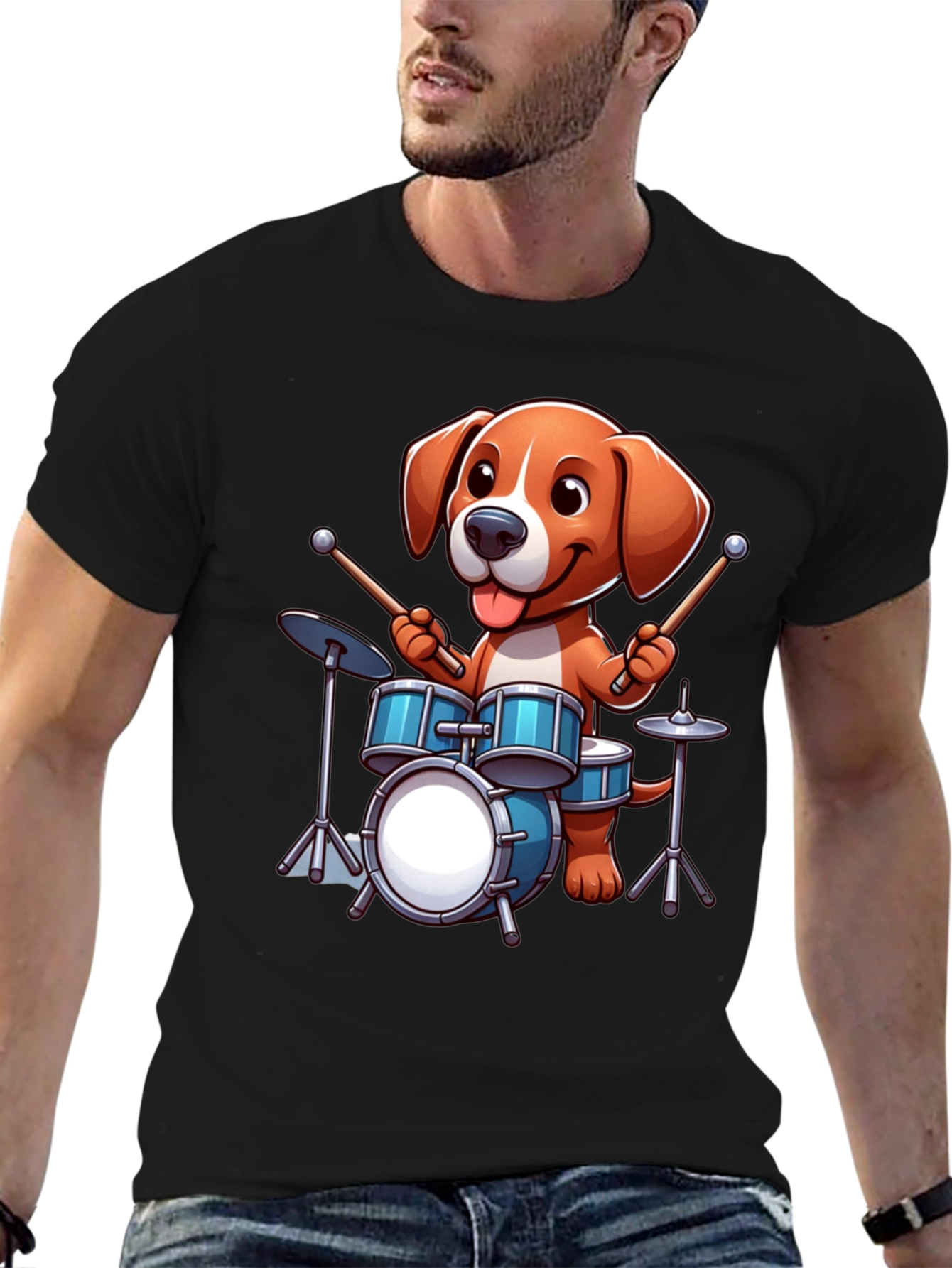 Dog Drummer Graphic Tee - Black Unisex Shirt