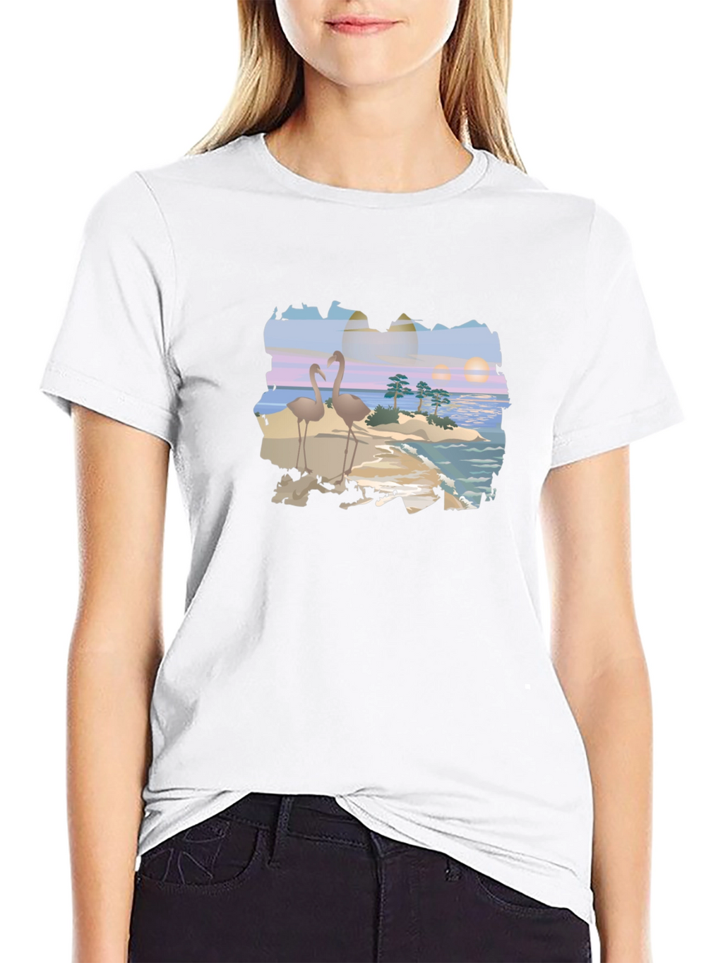 Tropical Flamingo Island Graphic T-Shirt