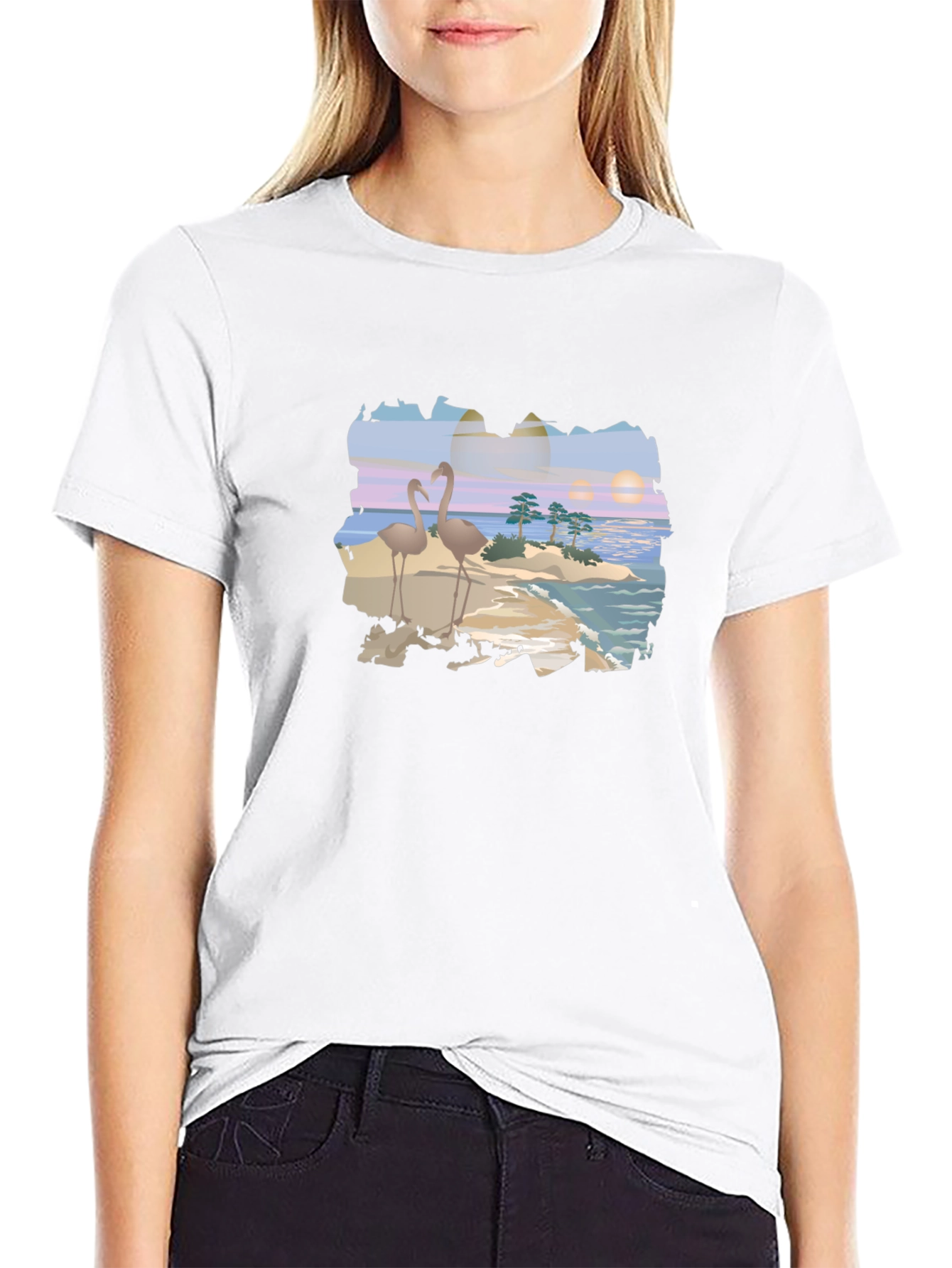 Tropical Flamingo Island Graphic T-Shirt