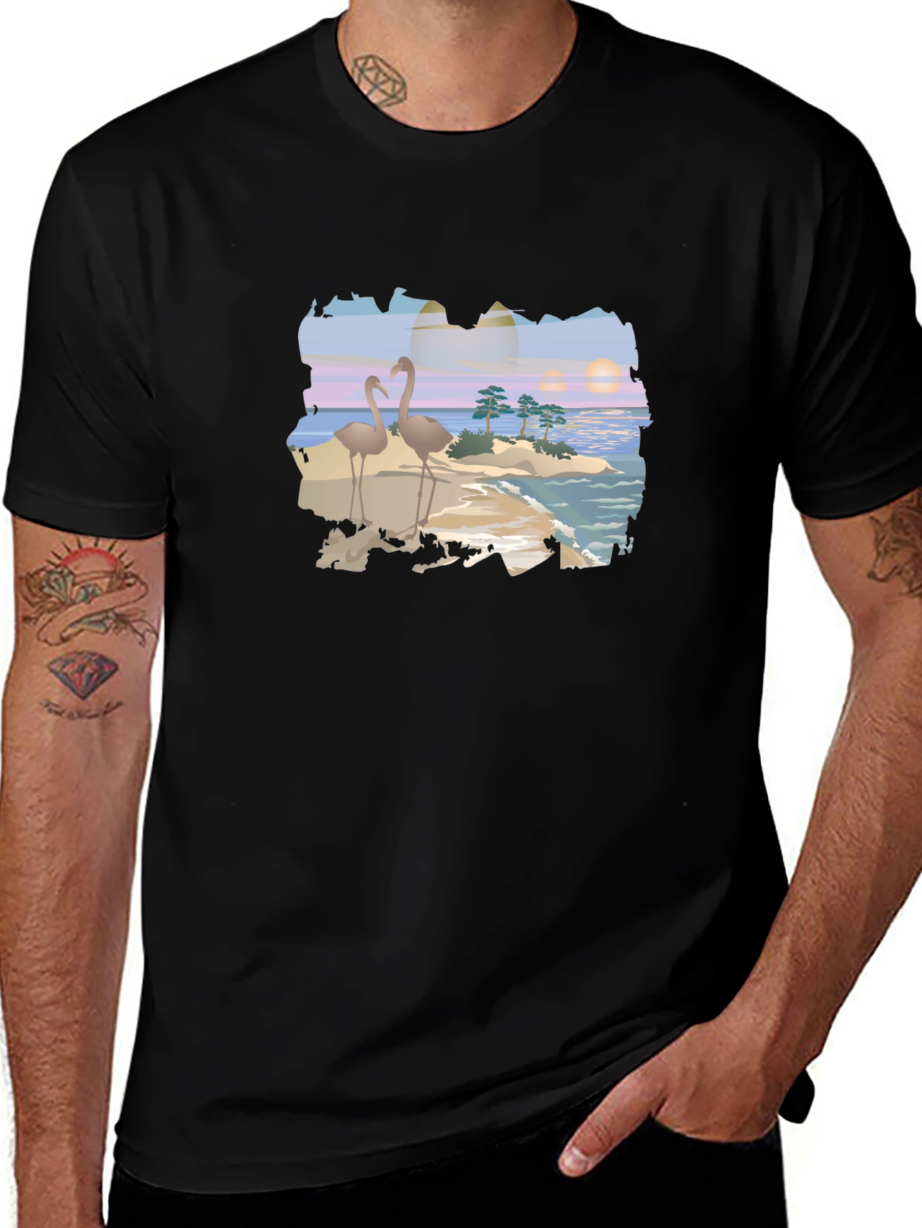 Tropical Flamingo Island Graphic T-Shirt