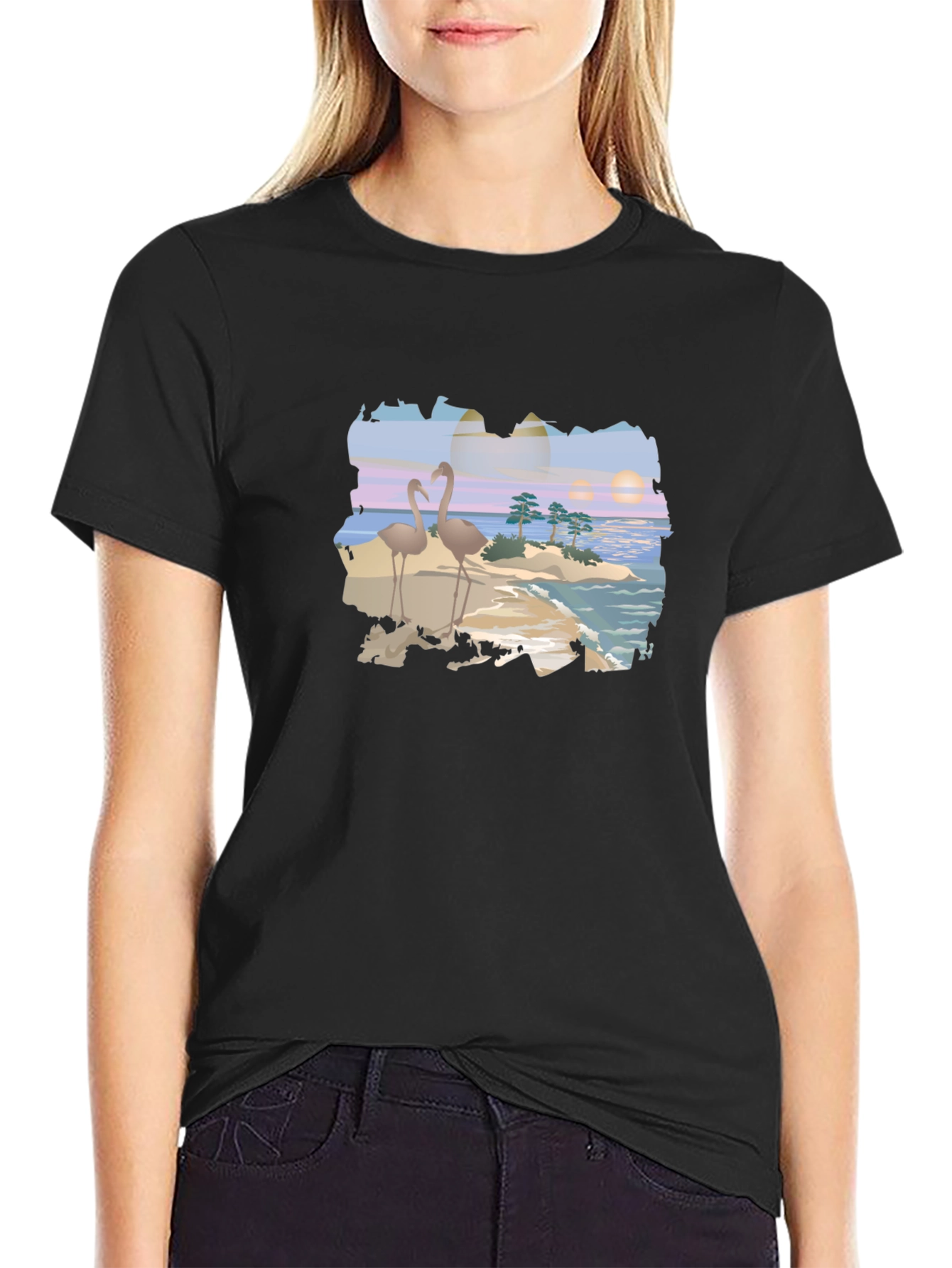 Tropical Flamingo Island Graphic T-Shirt
