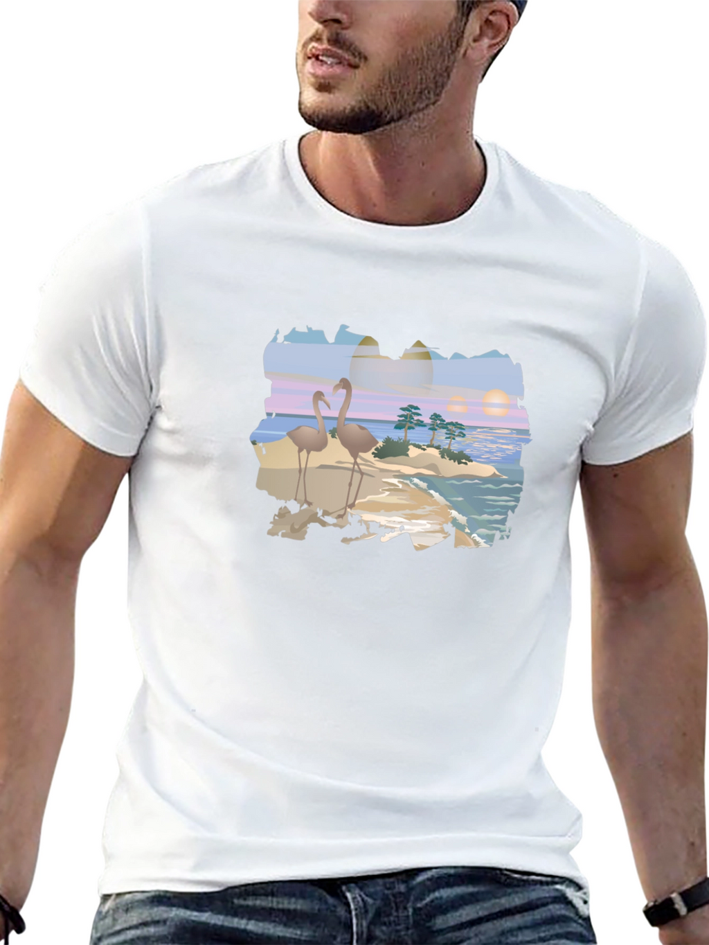 Tropical Flamingo Island Graphic T-Shirt