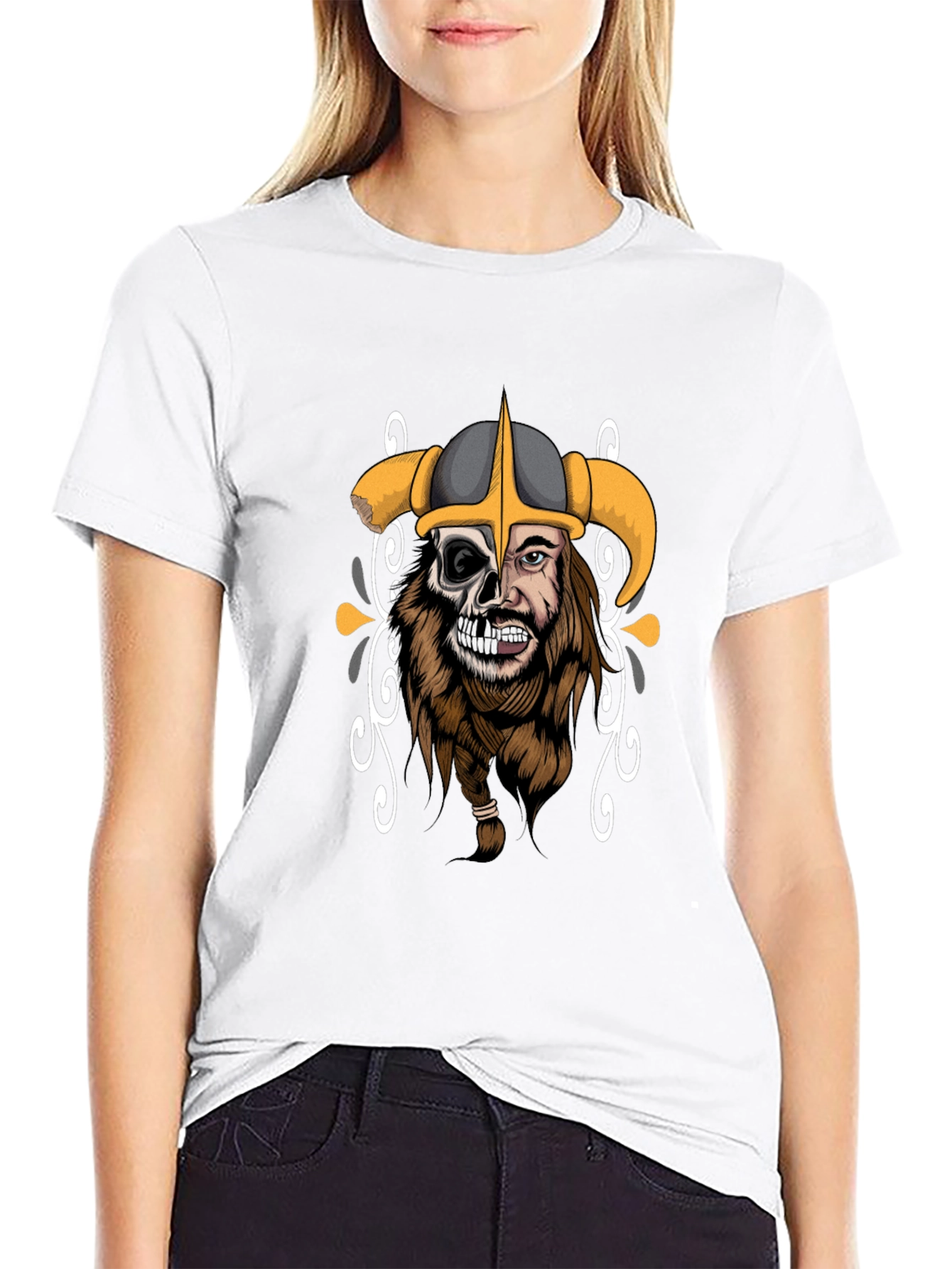 Viking Half-Skull Graphic Print Black T-Shirt