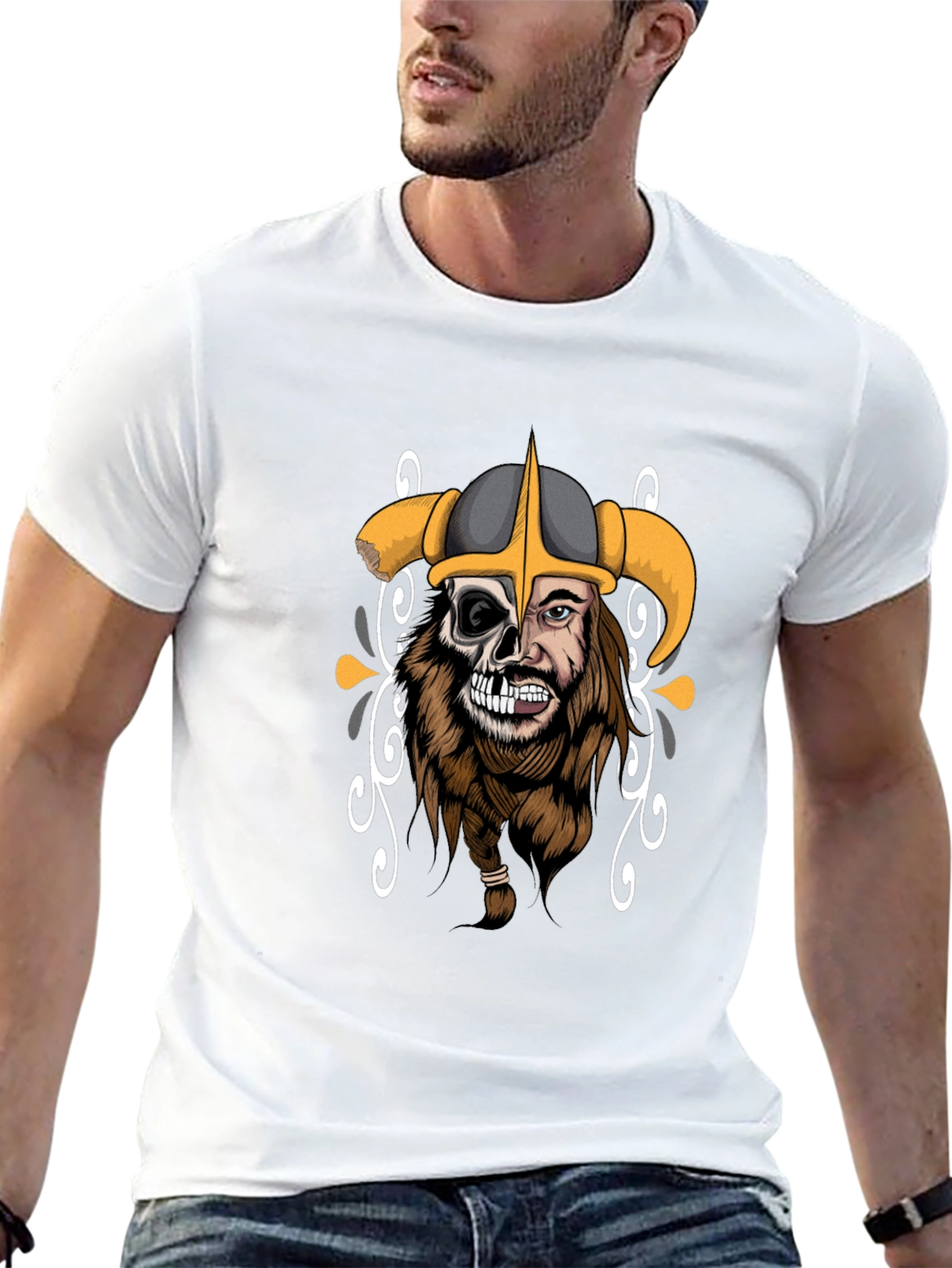 Viking Half-Skull Graphic Print Black T-Shirt