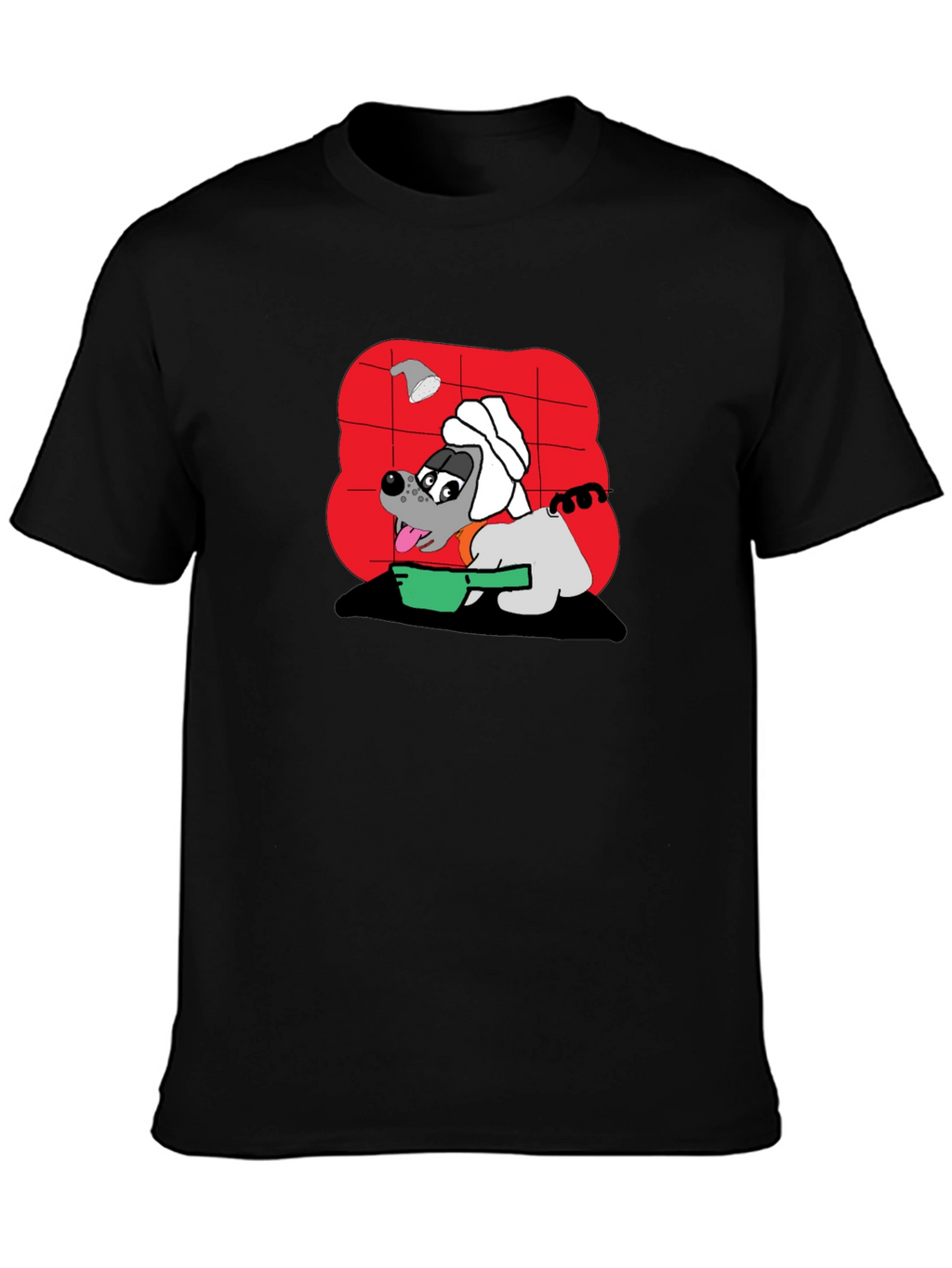 Funny Dog Taking Shower Black T-Shirt