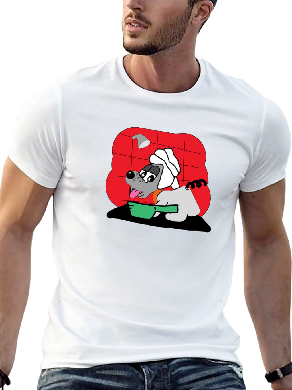 Funny Dog Taking Shower Black T-Shirt