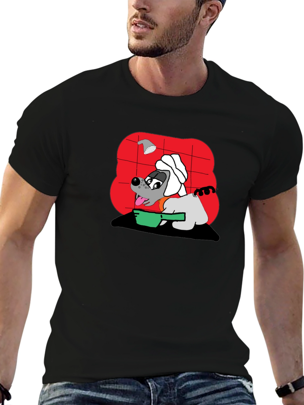 Funny Dog Taking Shower Black T-Shirt