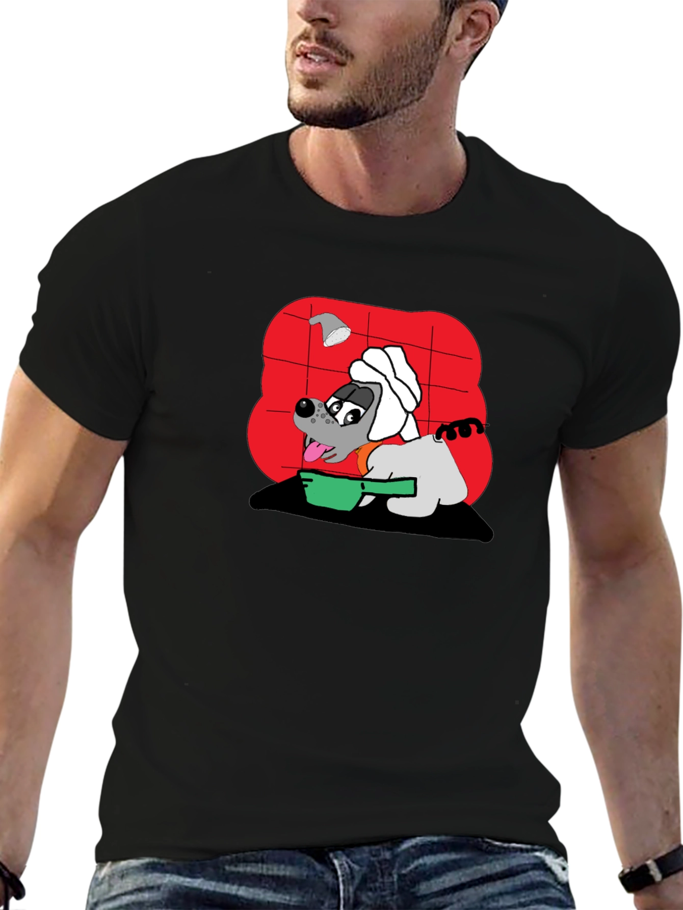 Funny Dog Taking Shower Black T-Shirt