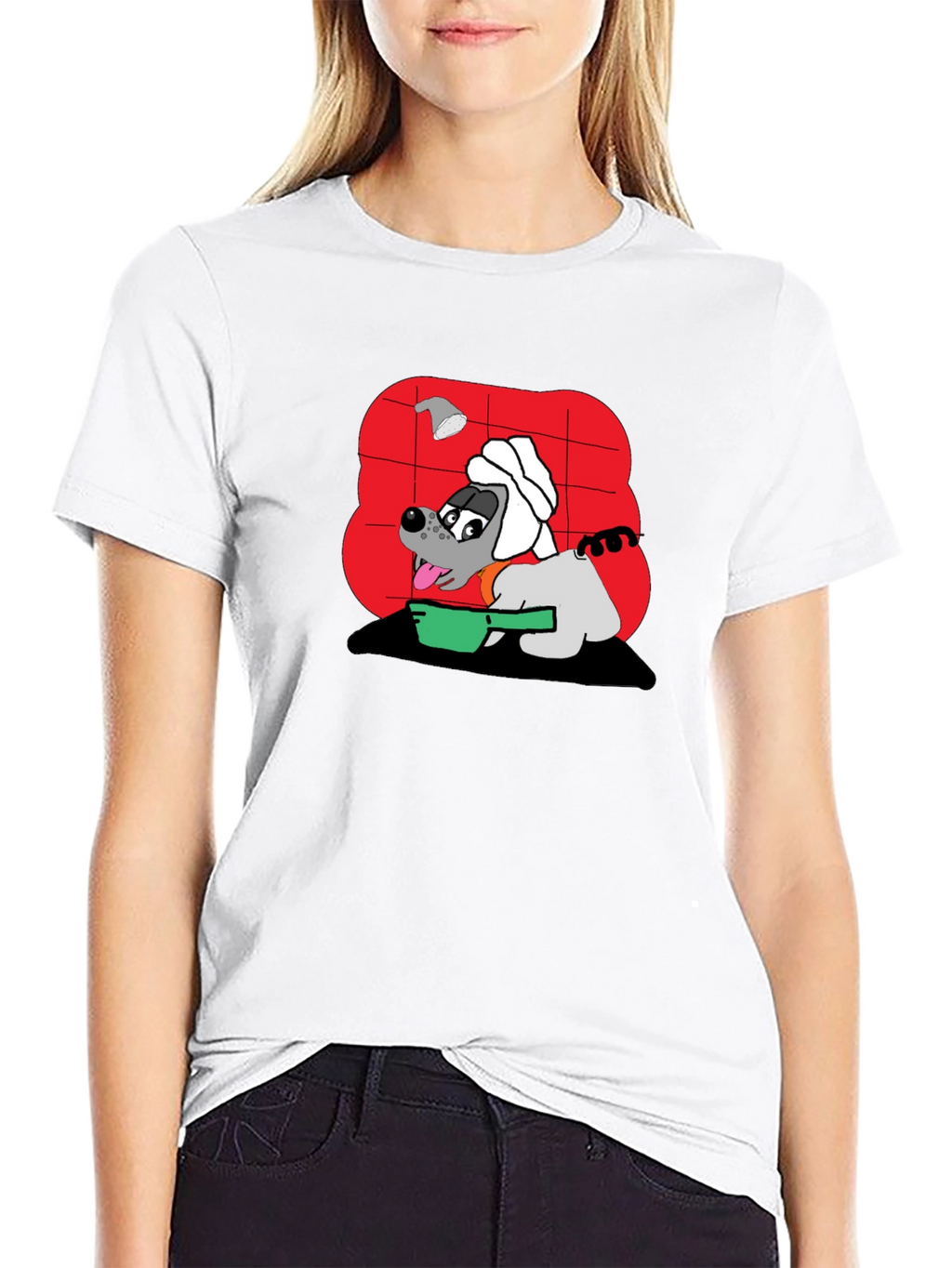 Funny Dog Taking Shower Black T-Shirt