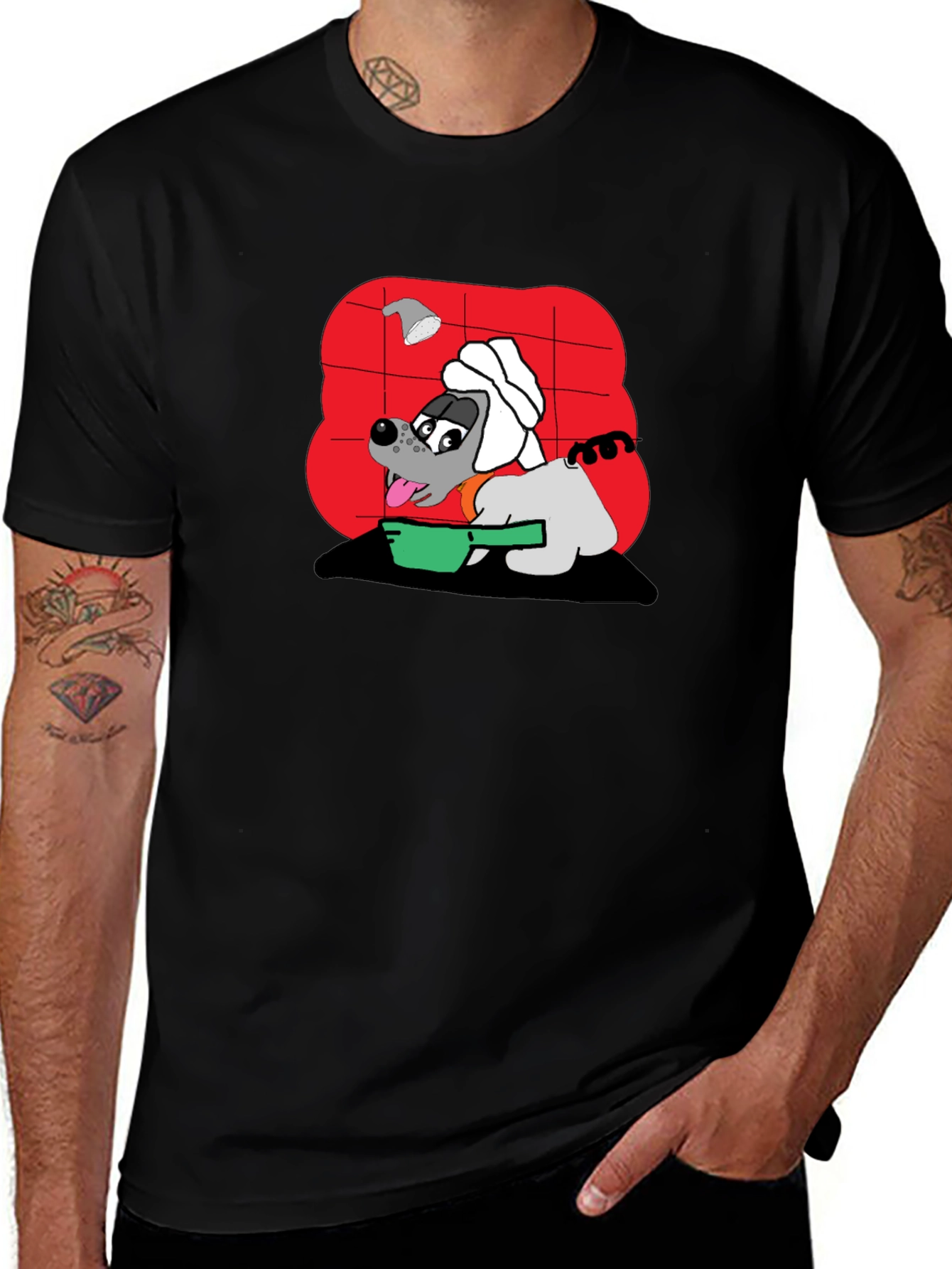 Funny Dog Taking Shower Black T-Shirt