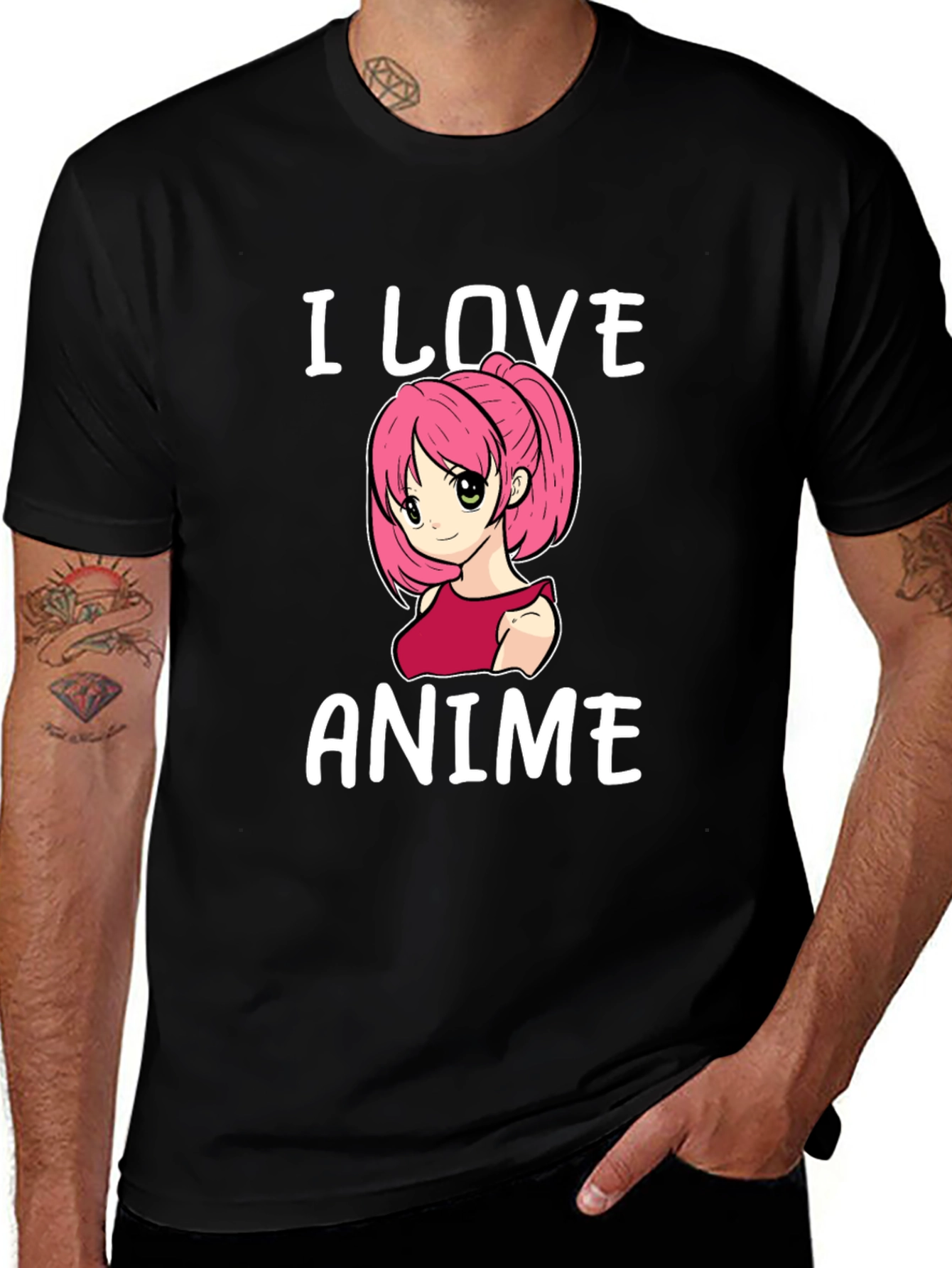 I Love Anime T-Shirt Black Cotton Short Sleeve