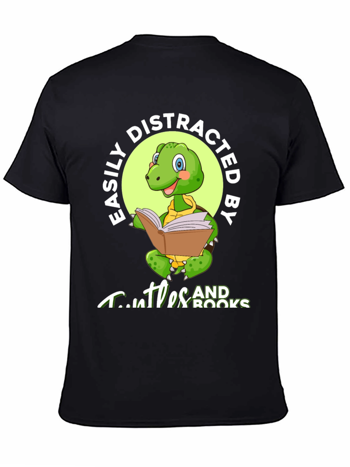 Easily Distracted by Turtles and Books Black T-Shirt