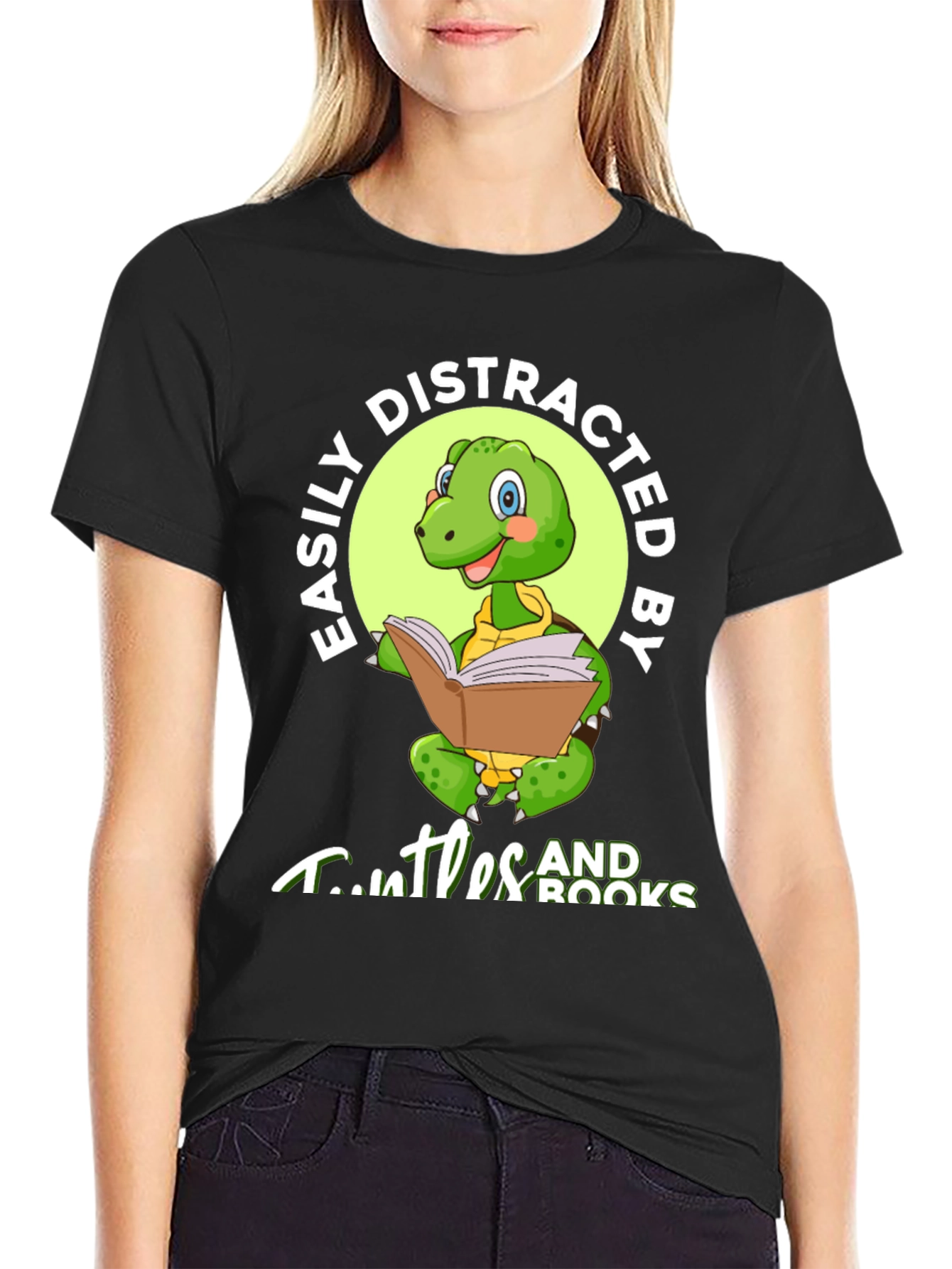 Easily Distracted by Turtles and Books Black T-Shirt