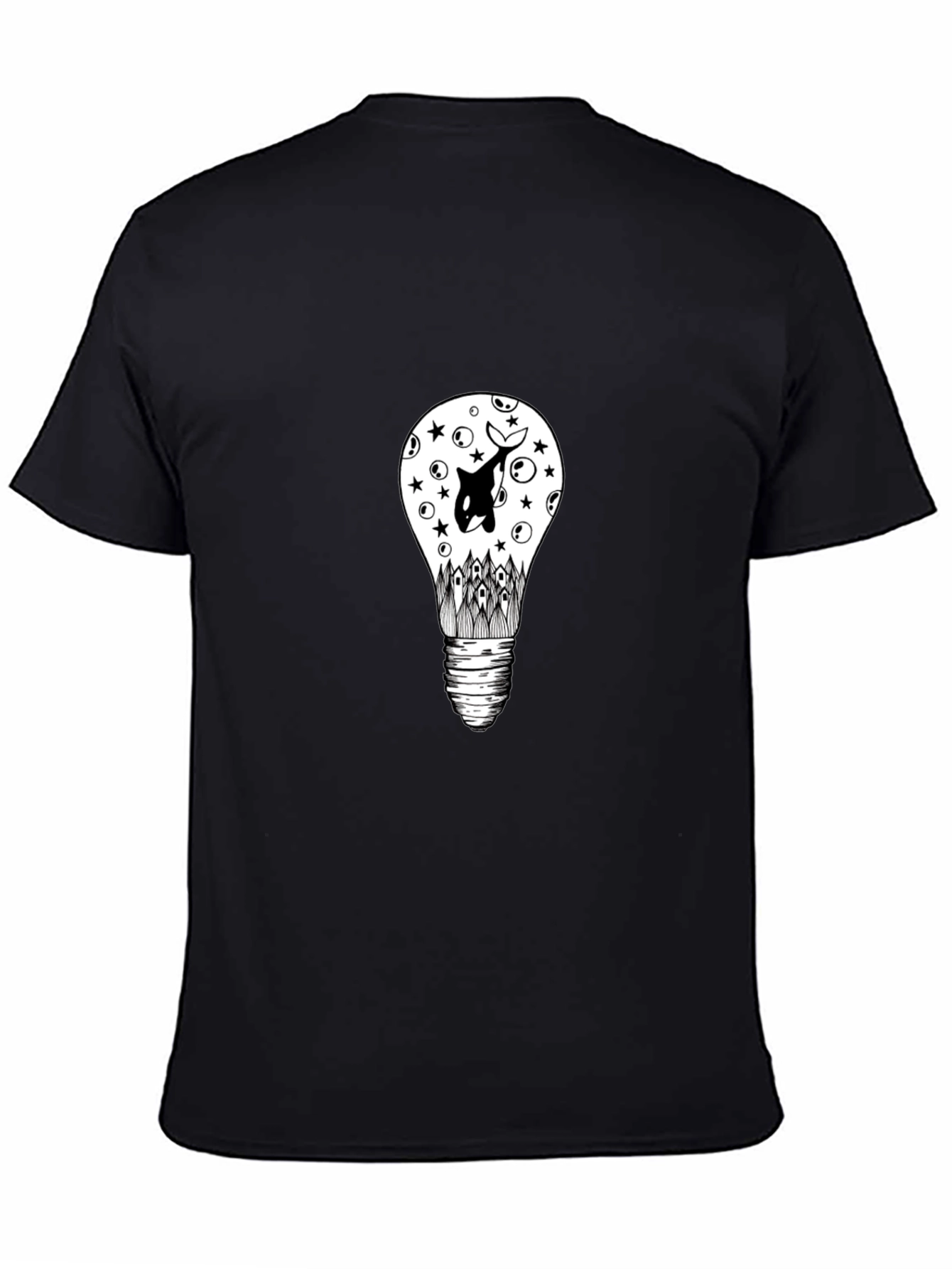 Black T-Shirt with Light Bulb & Orca Graphic